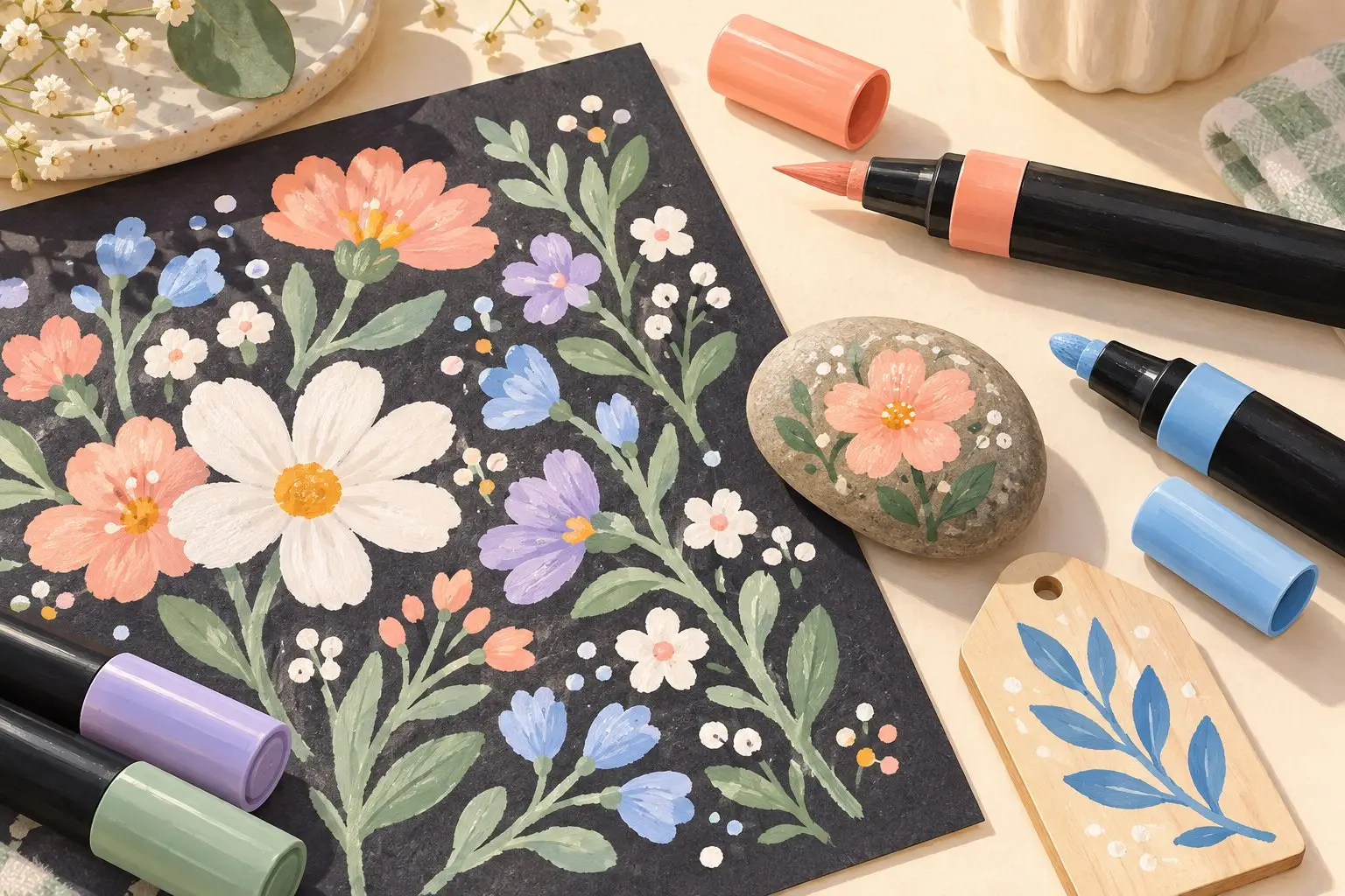 Original illustration of unbranded paint markers beside pastel flowers on dark paper, a flower-painted pebble and a wooden tag with blue leaves.