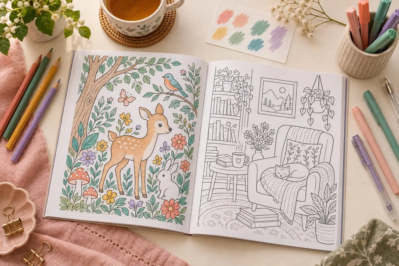 An open beginner coloring book with original woodland and cozy-room line art surrounded by colored pencils, markers, gel pens and a swatch card.