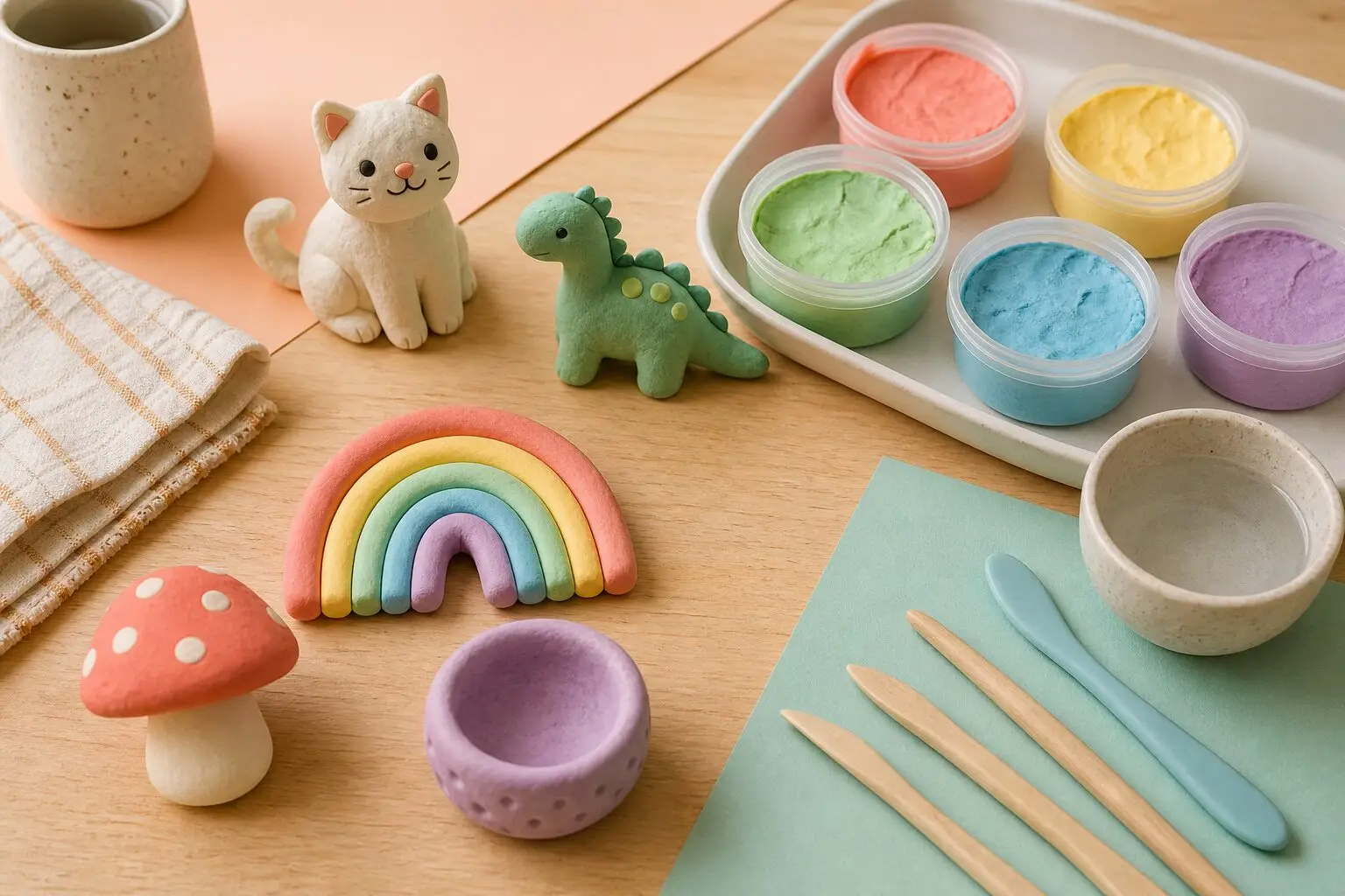 Colorful unbranded air-dry clay, blunt sculpting tools and beginner cat, dinosaur, rainbow, mushroom and pinch-pot sculptures on a tidy craft table