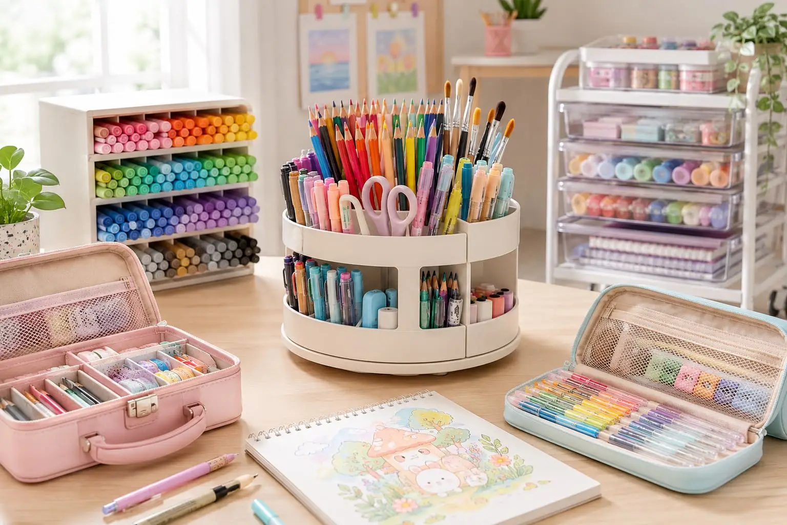 Pastel art supply organizers filled with colored pencils, markers, pens, brushes and craft supplies on a bright creative desk.