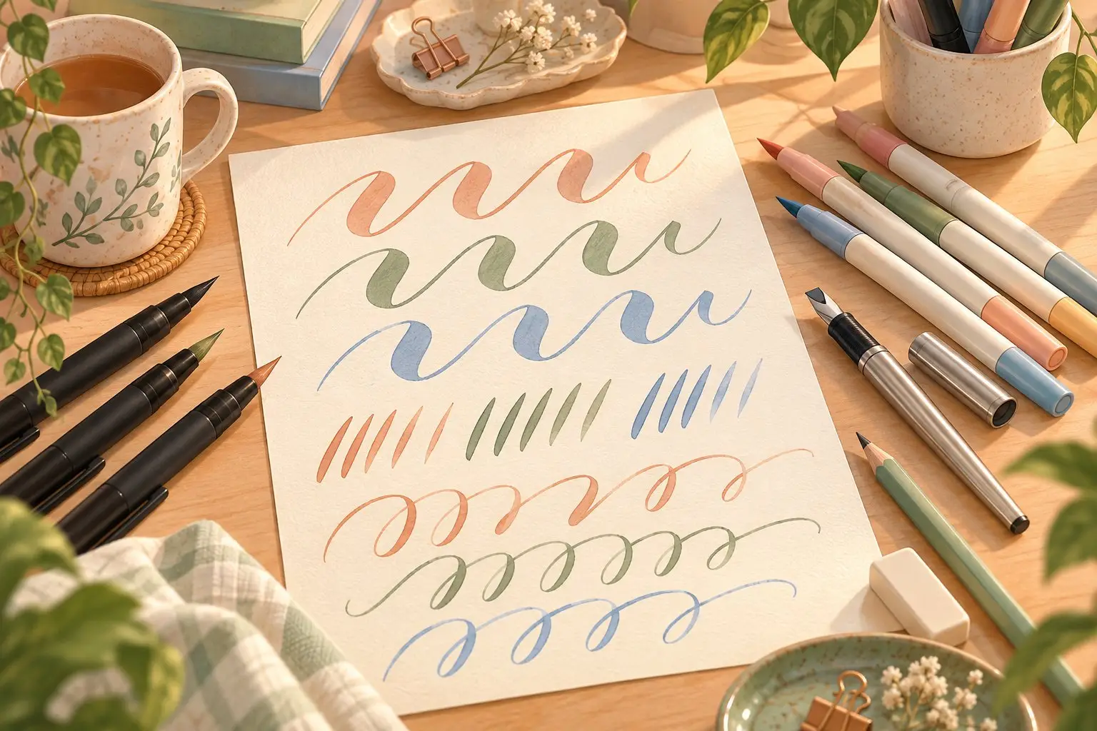 Original illustration of unbranded brush pens, a broad-nib pen, pencil and eraser beside pastel lettering practice strokes on a cozy desk.