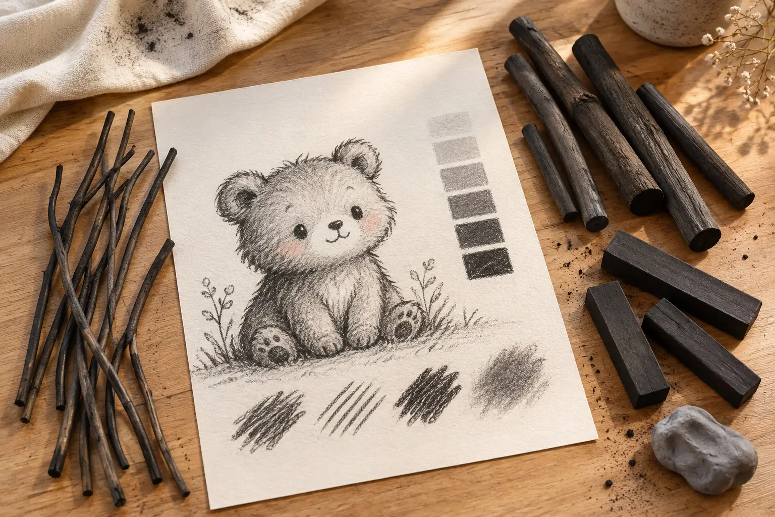 Generic vine, willow and rectangular compressed charcoal sticks around an original bear drawing, value scale, swatches and kneaded eraser on a warm wood desk