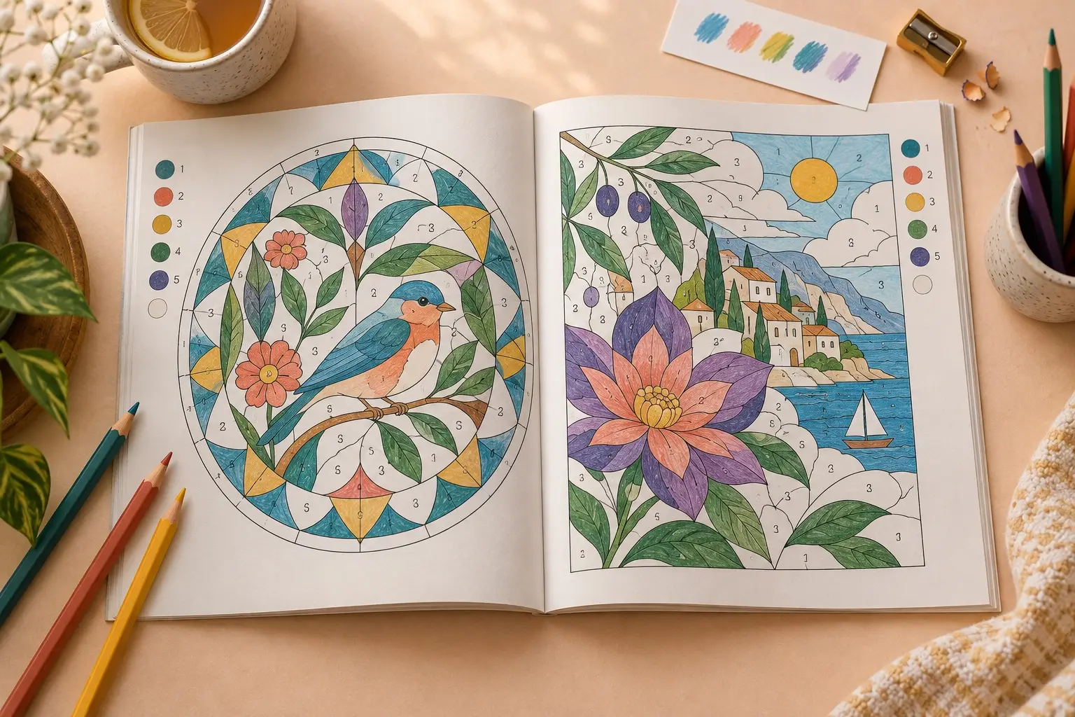 Open generic color-by-number book with original bird, flower and travel scenes, surrounded by unbranded colored pencils on a warm desk