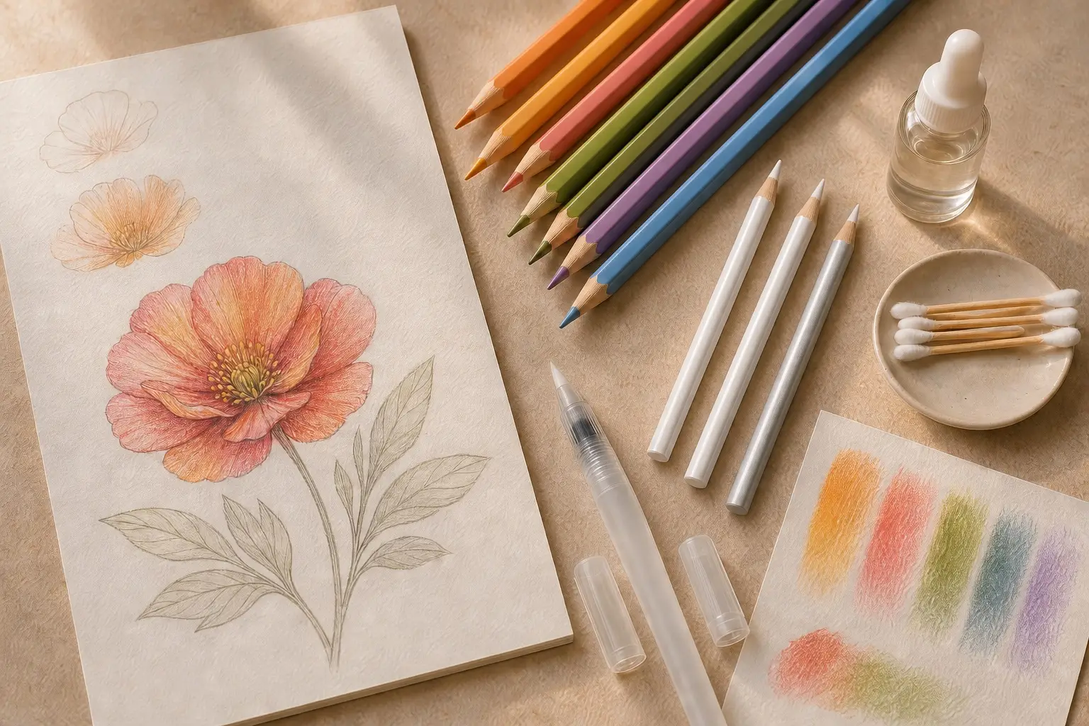 Generic colored pencils, white blender pencils, a gray burnisher, a dual-tip blending pen and a small liquid bottle beside a botanical drawing with layered and smoothly blended shading
