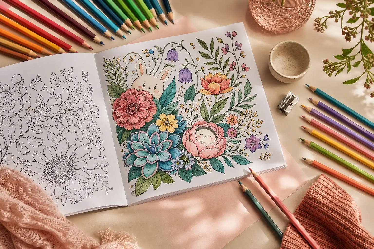 An open floral and kawaii adult coloring book surrounded by unbranded colored pencils, a small sharpener and warm craft-table details