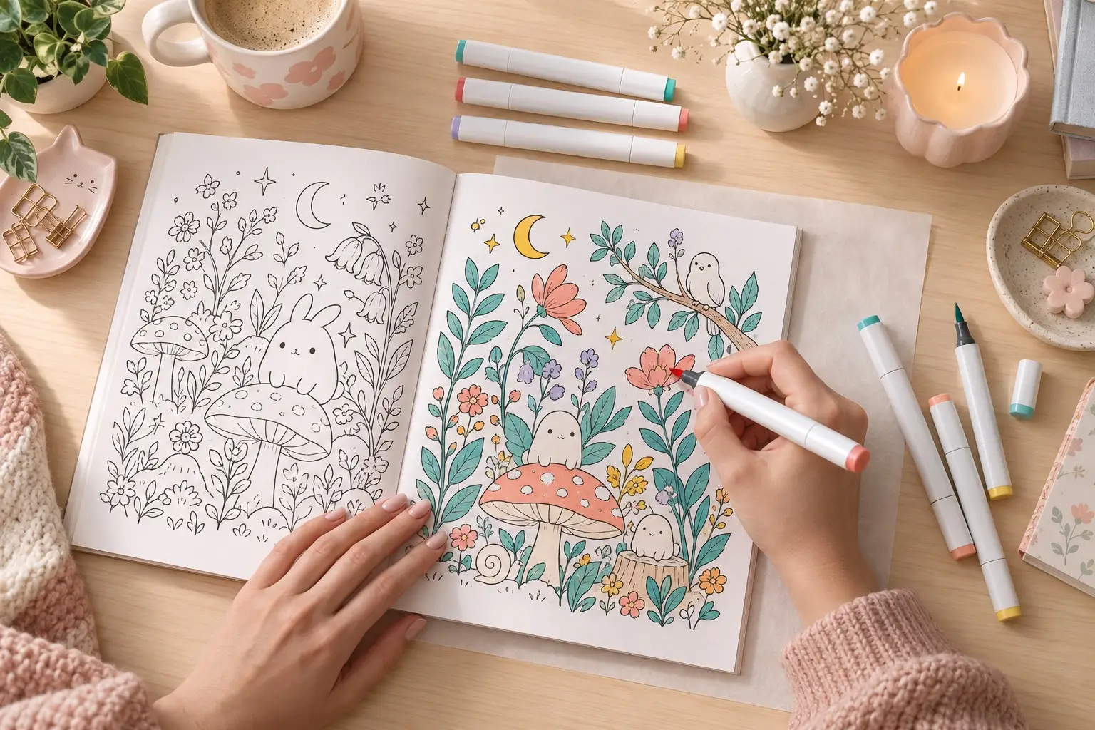 An adult coloring an original woodland page with alcohol markers while a protective sheet sits beneath the open coloring book.