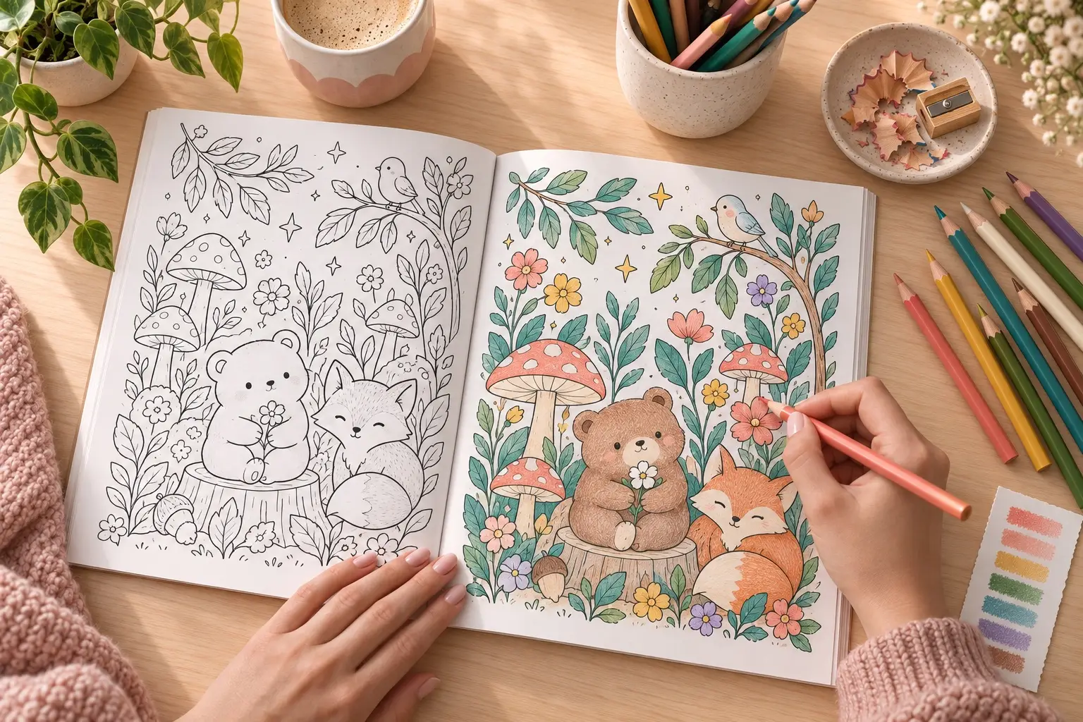 An adult layering colored pencil on original bear and fox woodland line art in an open coloring book beside pencils, swatches and a sharpener