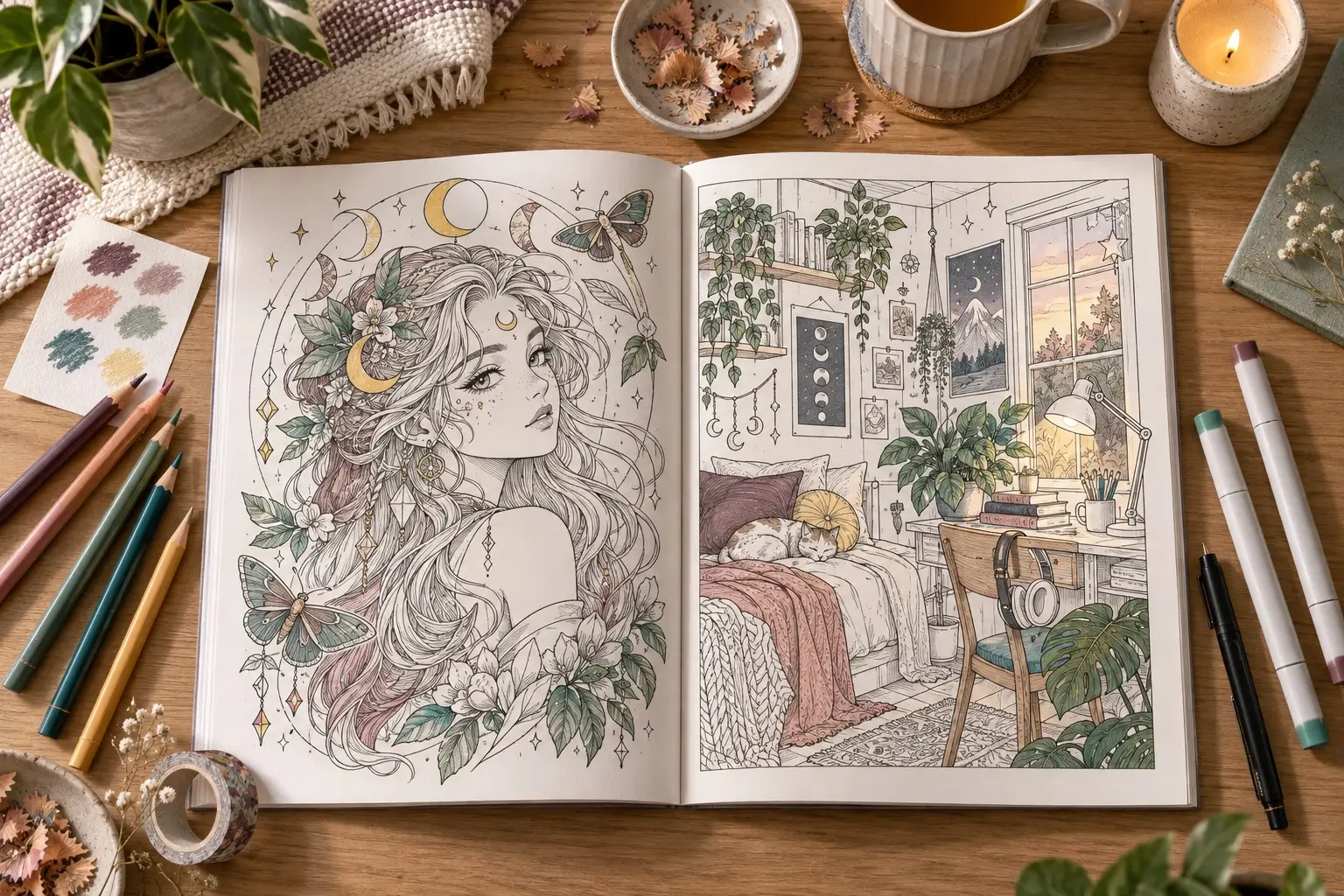 Open generic coloring book with original fantasy portrait and cozy bedroom line art, surrounded by unbranded pencils, markers and a swatch card on a warm desk