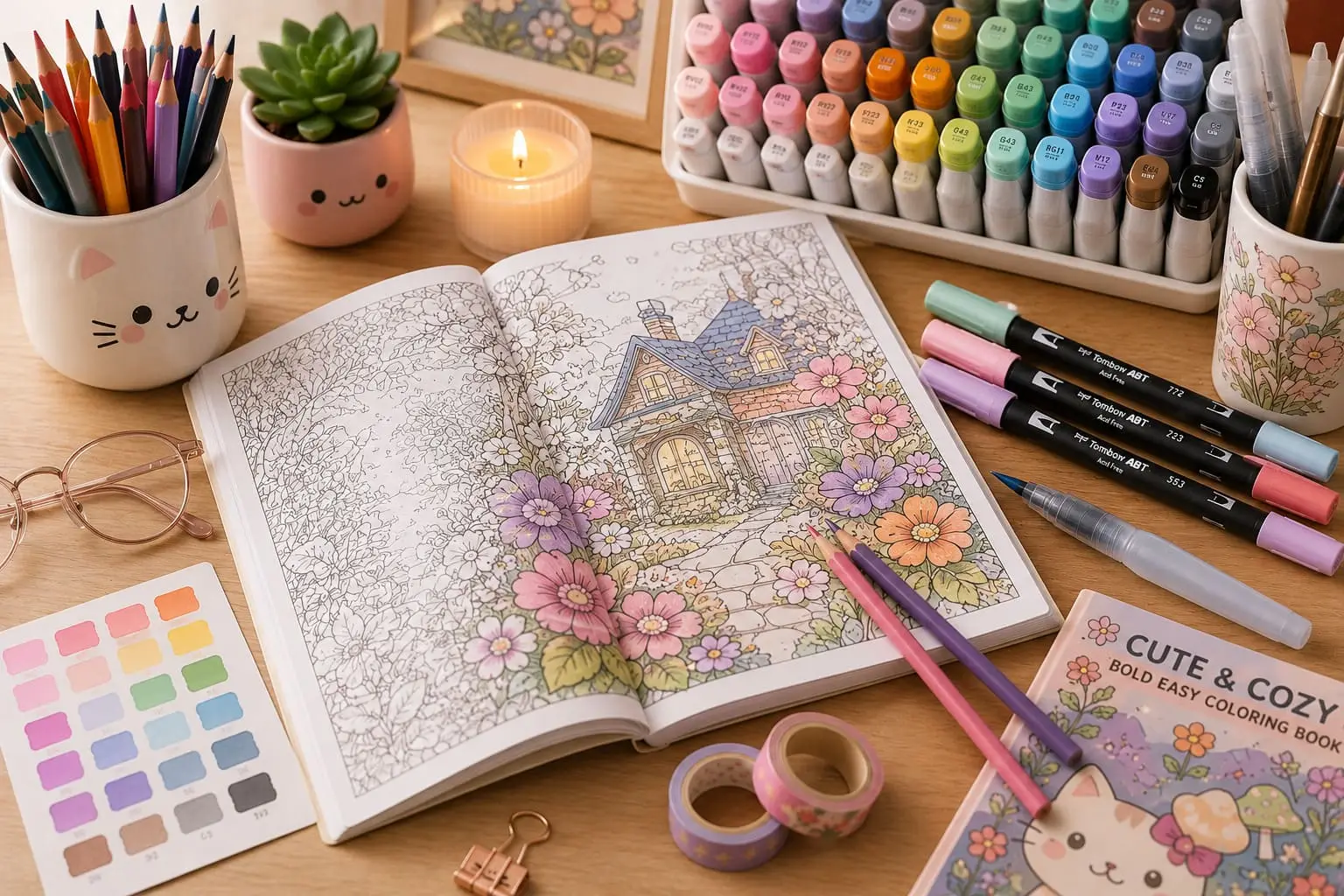 Adult coloring supplies including colored pencils, brush markers, alcohol markers, color swatches and an open floral coloring book on a cozy desk.