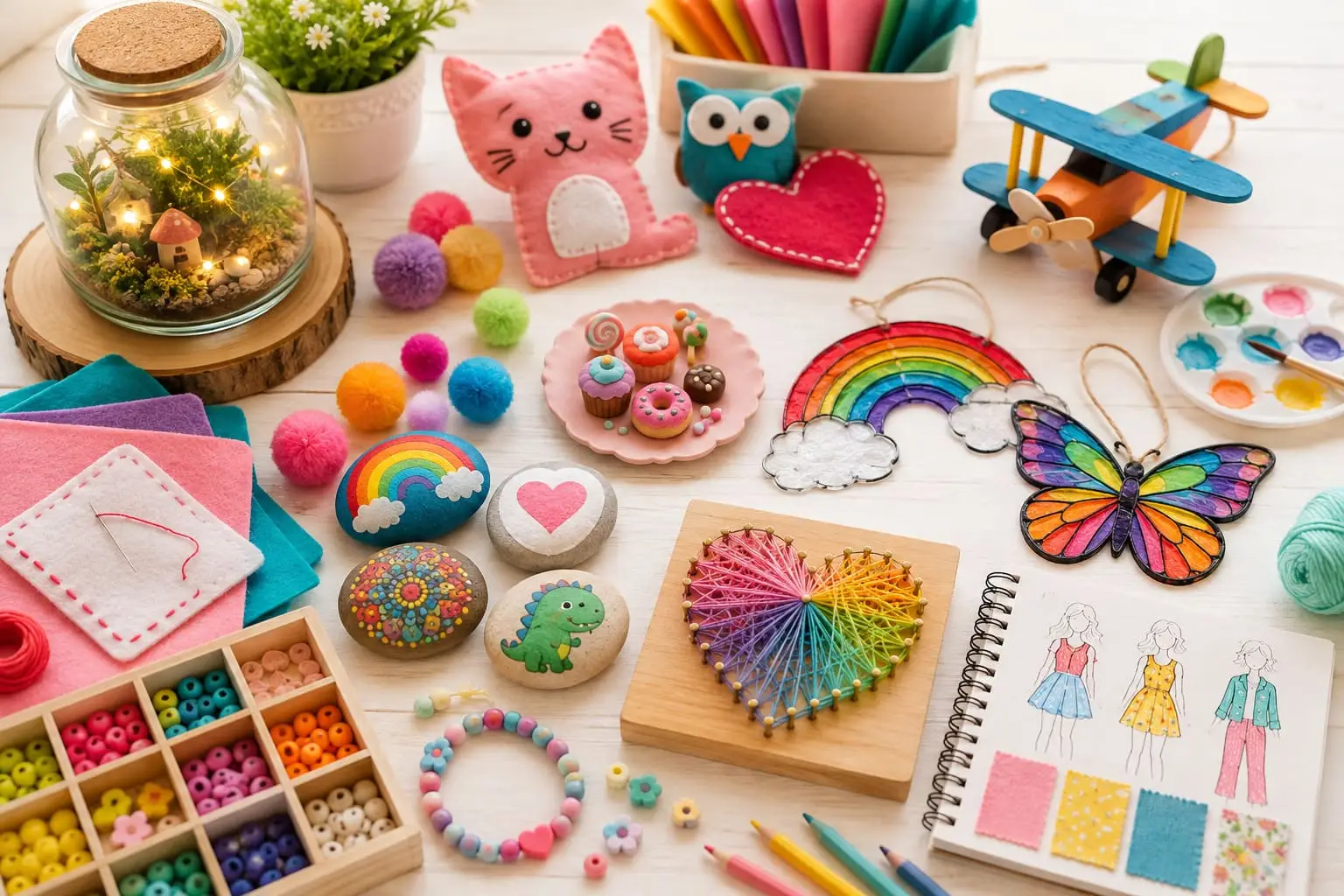 Colorful kids craft supplies including pom-poms, paint, felt, beads, clay and a small terrarium arranged on a craft table
