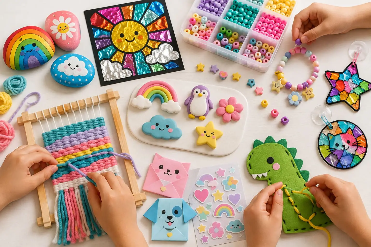 Craft supplies for children ages 6 to 8 including foil art, painted rocks, weaving, sewing and window art projects on a table