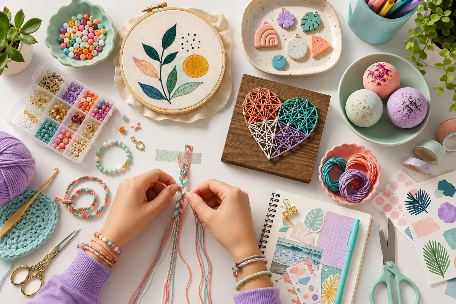 Tween craft table with pottery, yarn, beads, felt sewing, clay charms and string art supplies arranged for creative projects