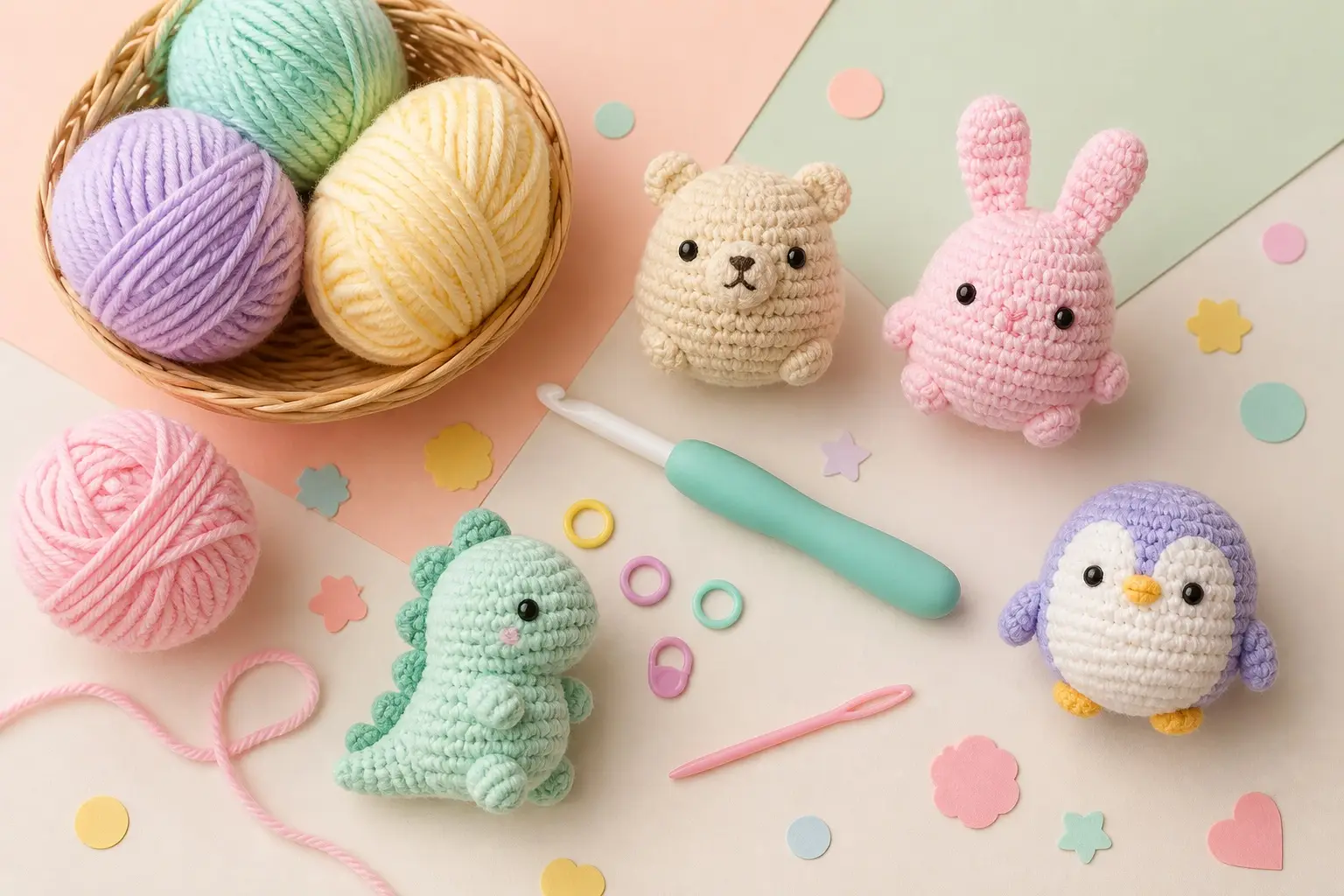Pastel yarn, a blunt plastic needle, stitch markers, an ergonomic crochet hook and original bear, bunny, dinosaur and penguin amigurumi on a cream craft table