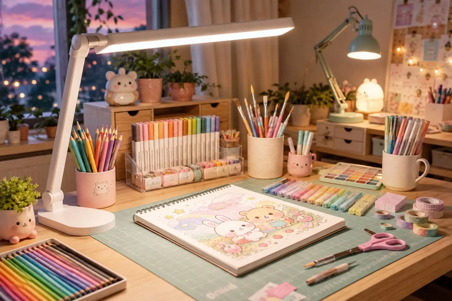 Bright LED desk lamps illuminating a colorful drawing and craft workspace with markers, pencils, brushes and pastel art supplies.
