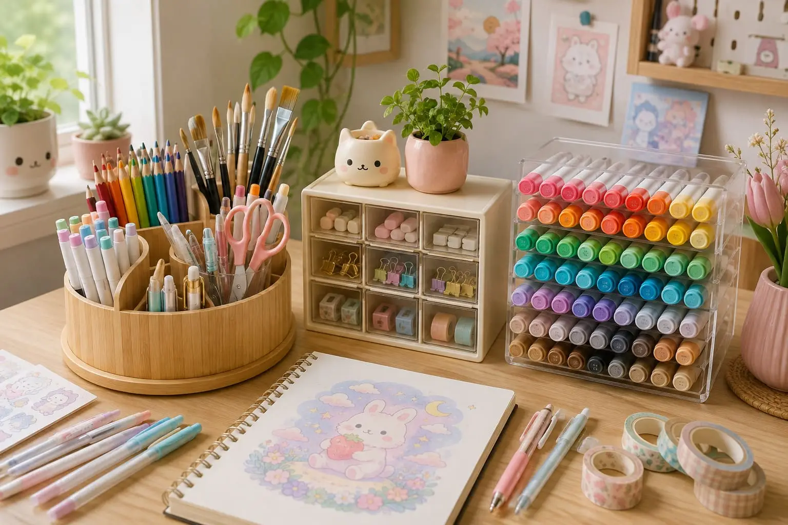 Desk organizers neatly storing markers, colored pencils, brushes, scissors and stationery on a bright pastel art workspace.