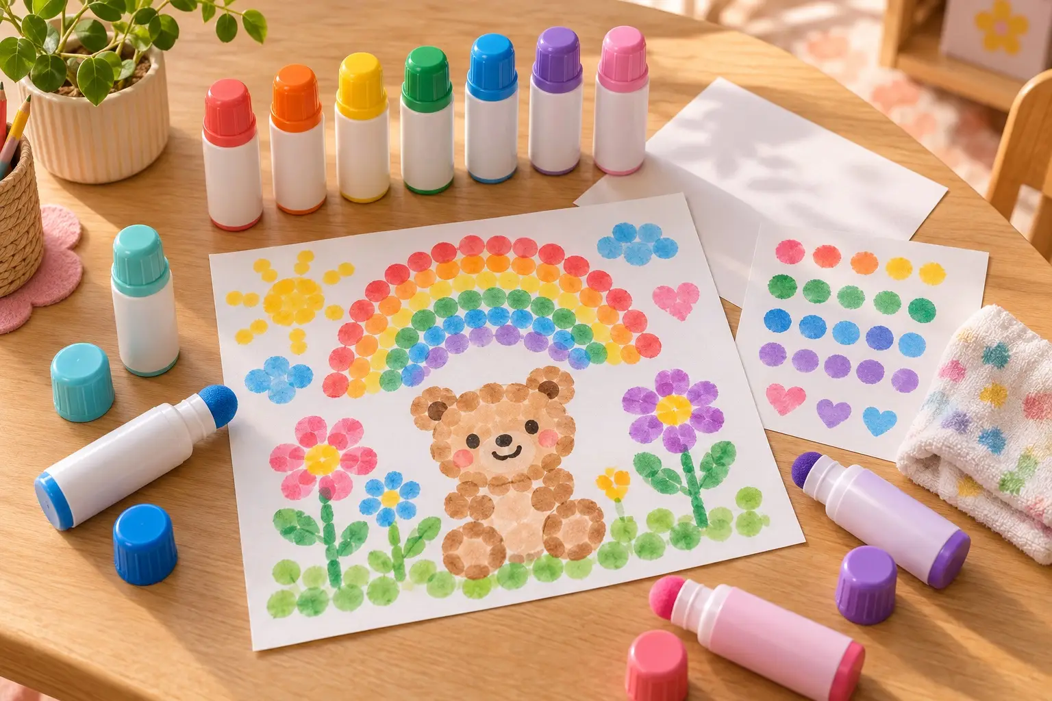 Generic chunky dot markers around original preschool dot art of a smiling bear, rainbow and flowers, with color-pattern practice, scrap paper and a cleanup cloth.