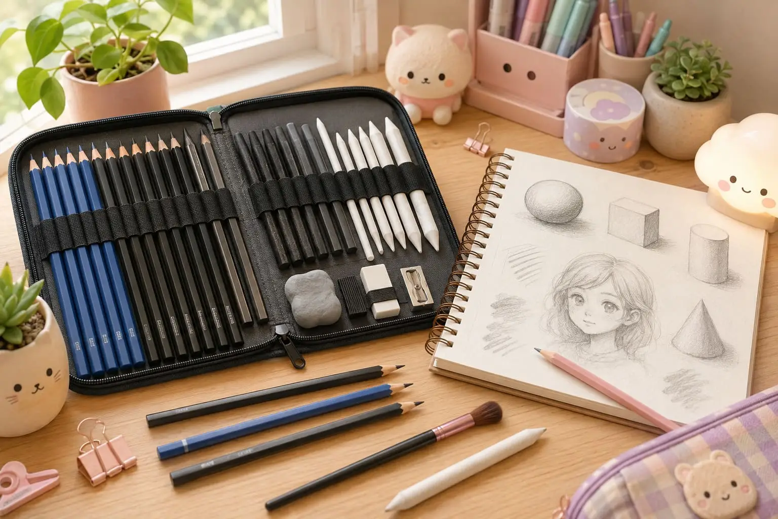 Beginner drawing kit with graphite pencils, charcoal tools, blending stumps, erasers and a sketchbook with shading practice.