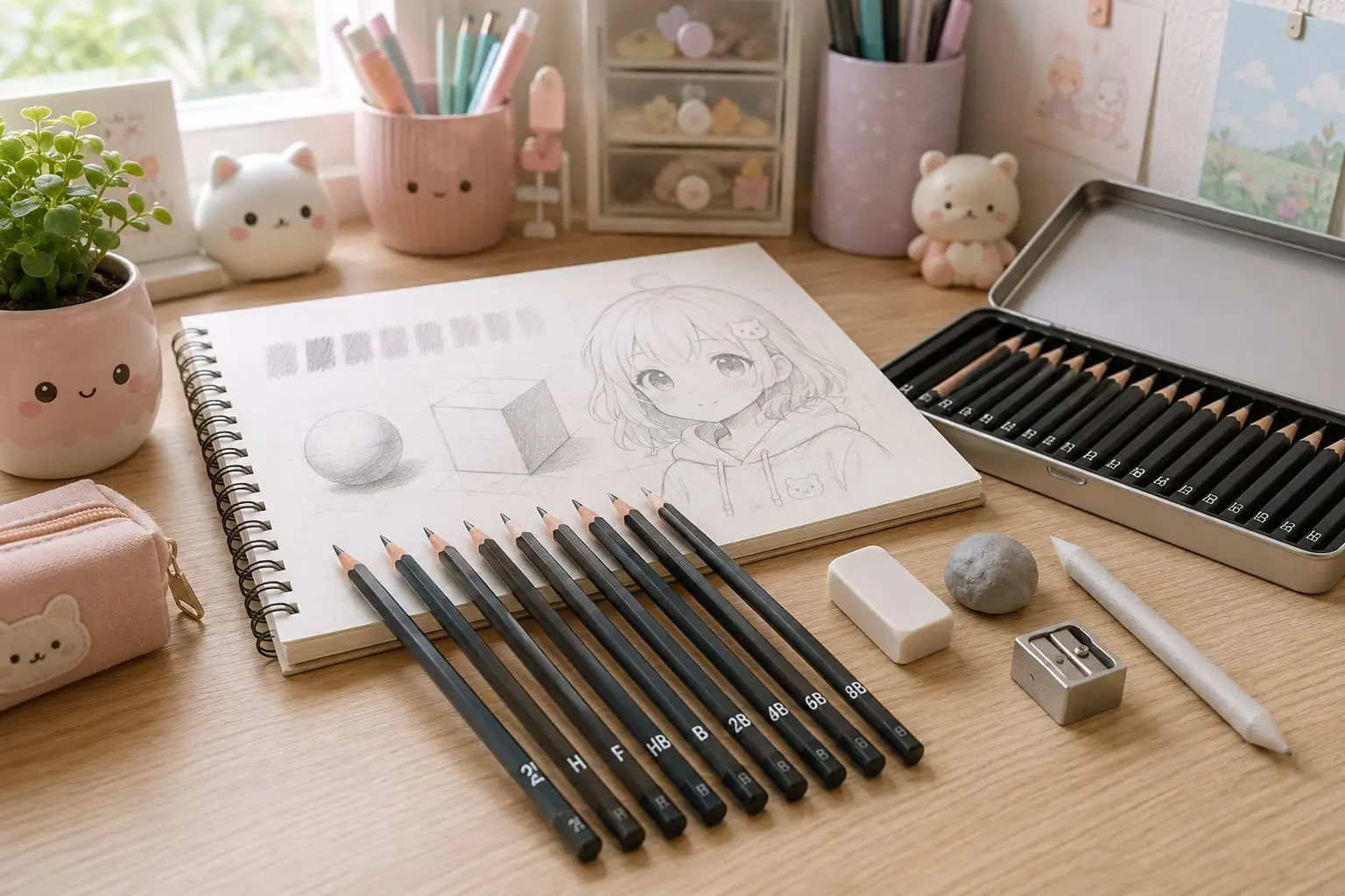 Graphite drawing pencils in multiple grades with a sketchbook, eraser, blending stump and sharpener on a bright beginner art desk.