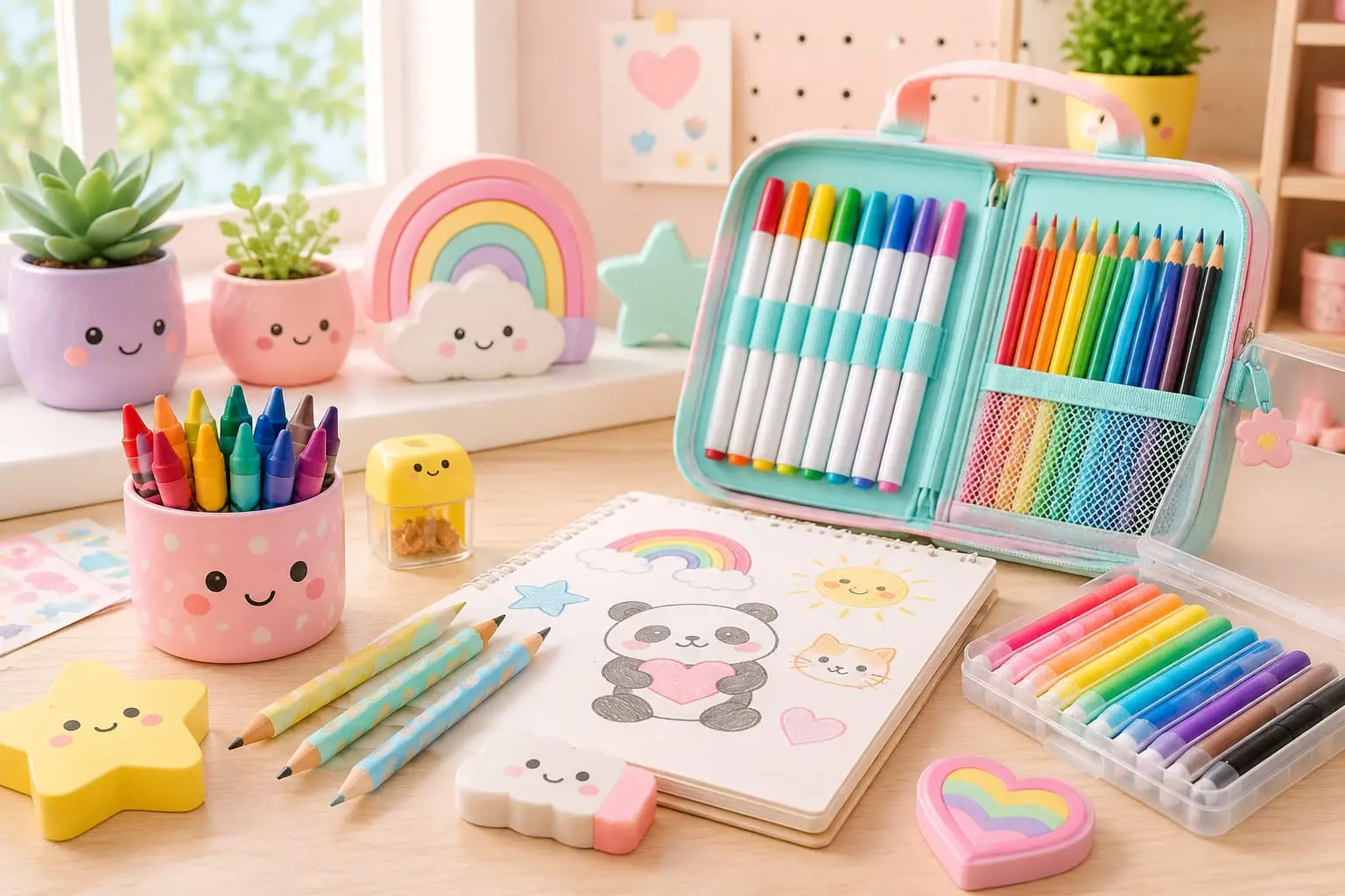 Kids’ drawing supplies with crayons, colored pencils, markers and a sketchbook arranged on a bright pastel art desk.