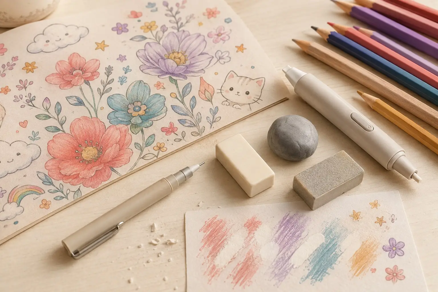 Generic precision, kneaded, electric, block and pencil erasers beside colored pencils and a floral coloring page.