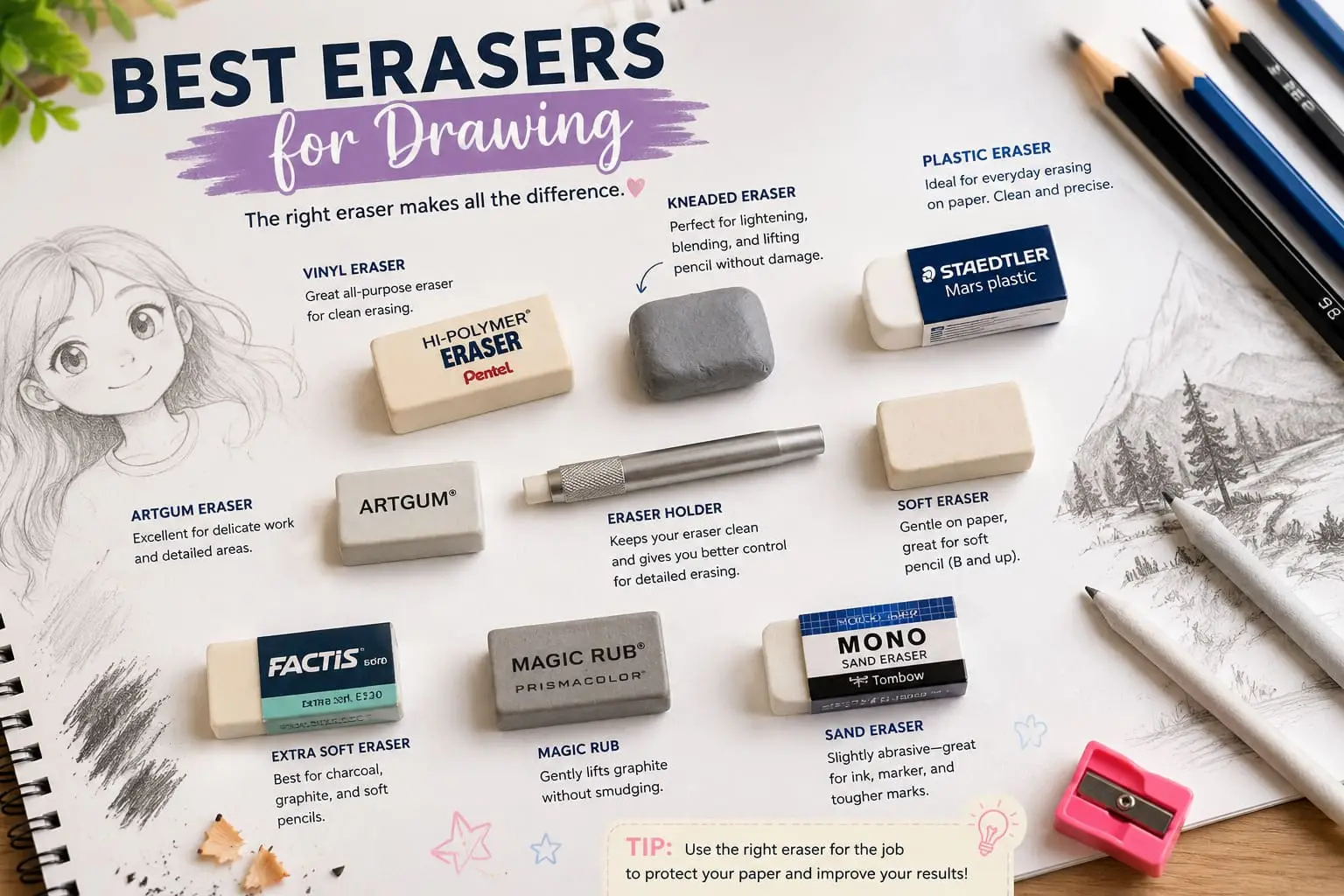 Different types of drawing erasers, including vinyl, kneaded, soft and precision erasers, arranged with graphite sketches and pencils.