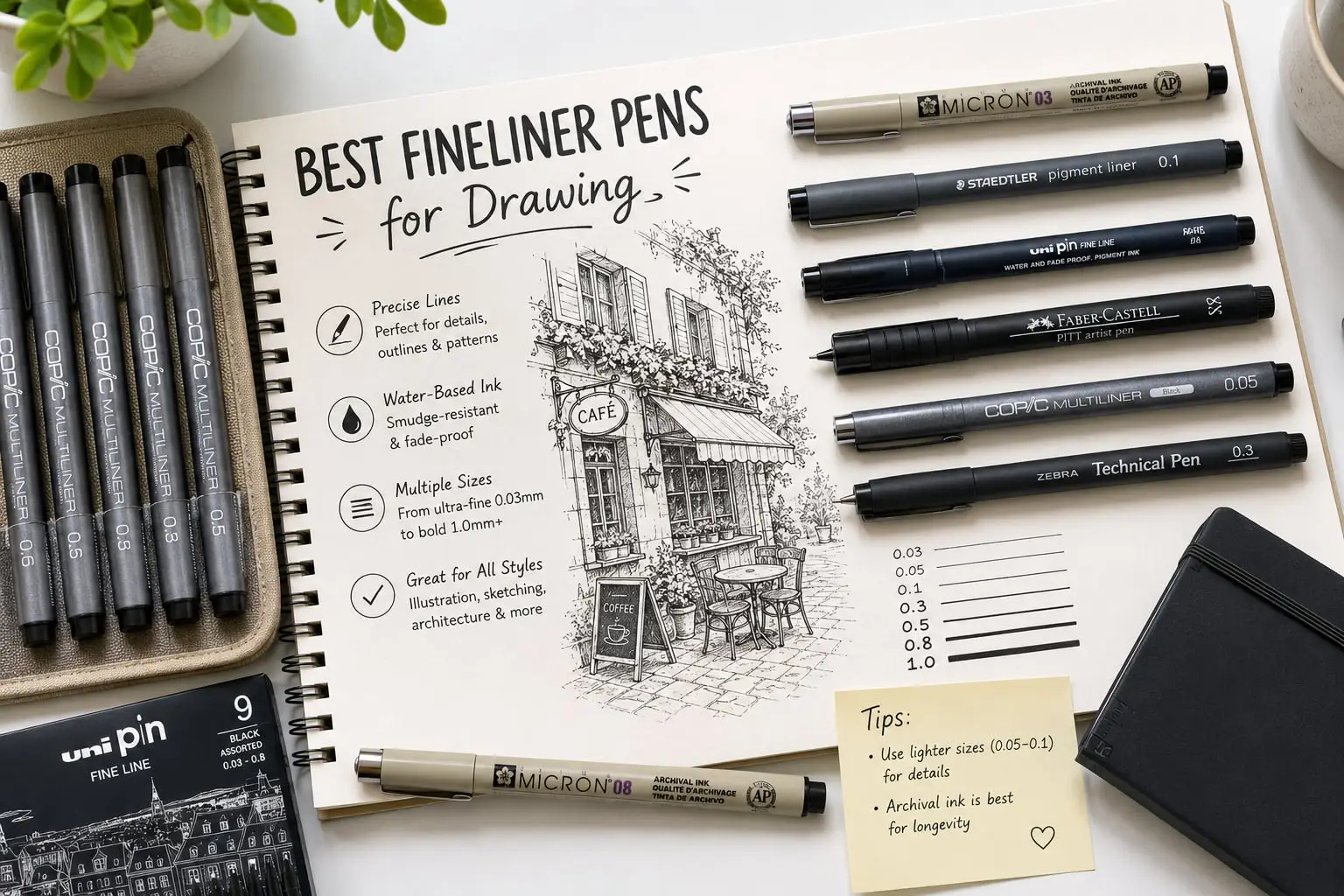 Fineliner pens in multiple tip sizes arranged beside a detailed ink drawing, line samples and a sketchbook for illustration practice.