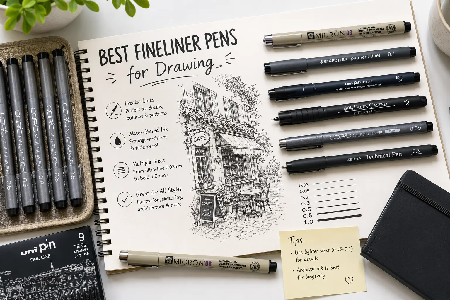 Fineliner pens in multiple tip sizes arranged beside a detailed ink drawing, line samples and a sketchbook for illustration practice.