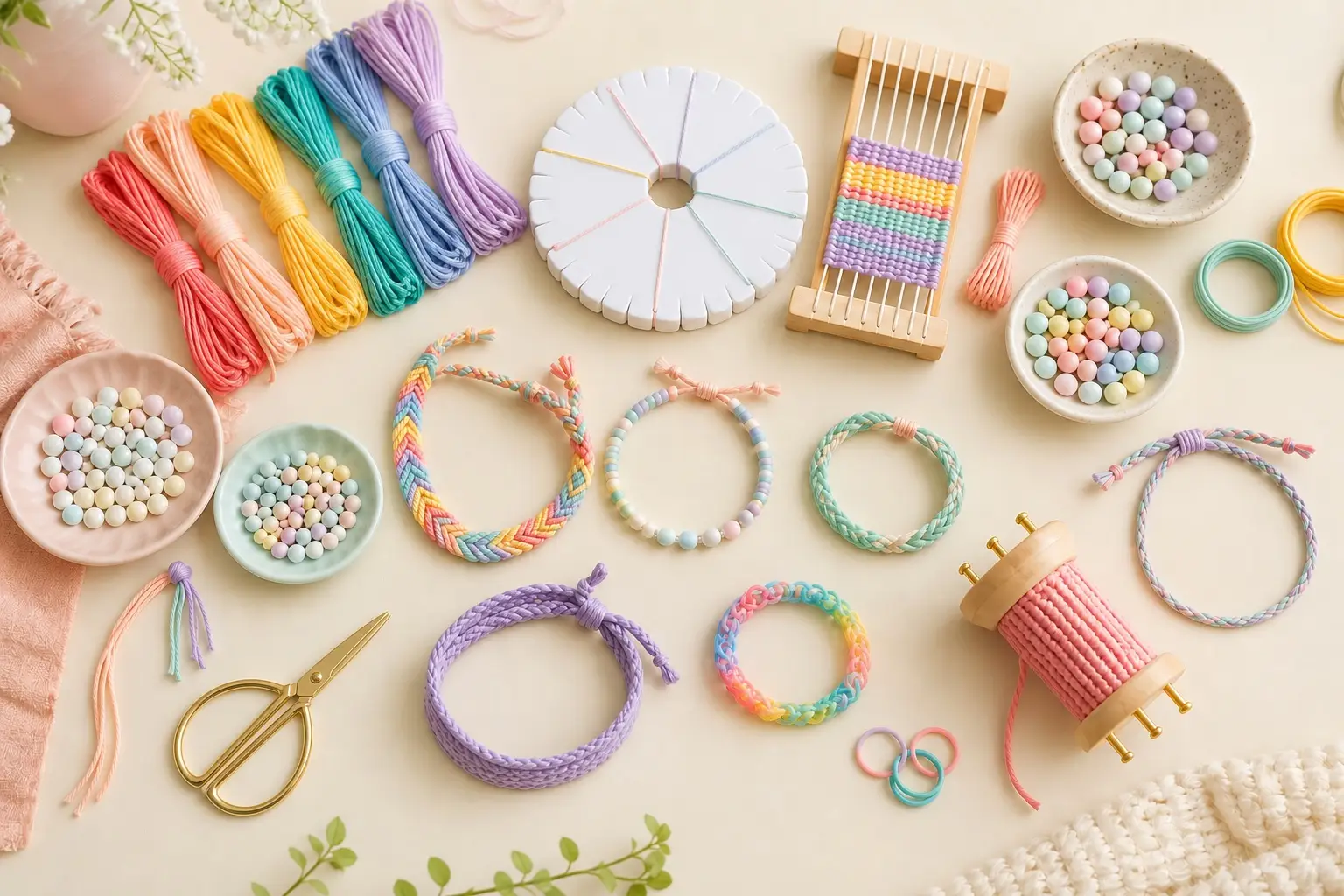 Colorful embroidery floss, plain beads, a braiding disk, wooden looms and original handmade bracelets arranged on a warm cream craft table