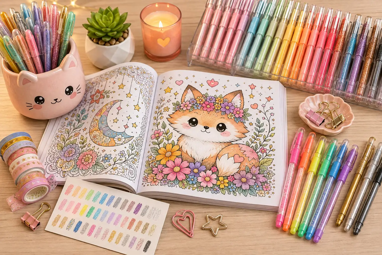 Gel pens arranged around a kawaii coloring book with a floral fox illustration, color swatches, glitter pens, and cozy desk accessories.
