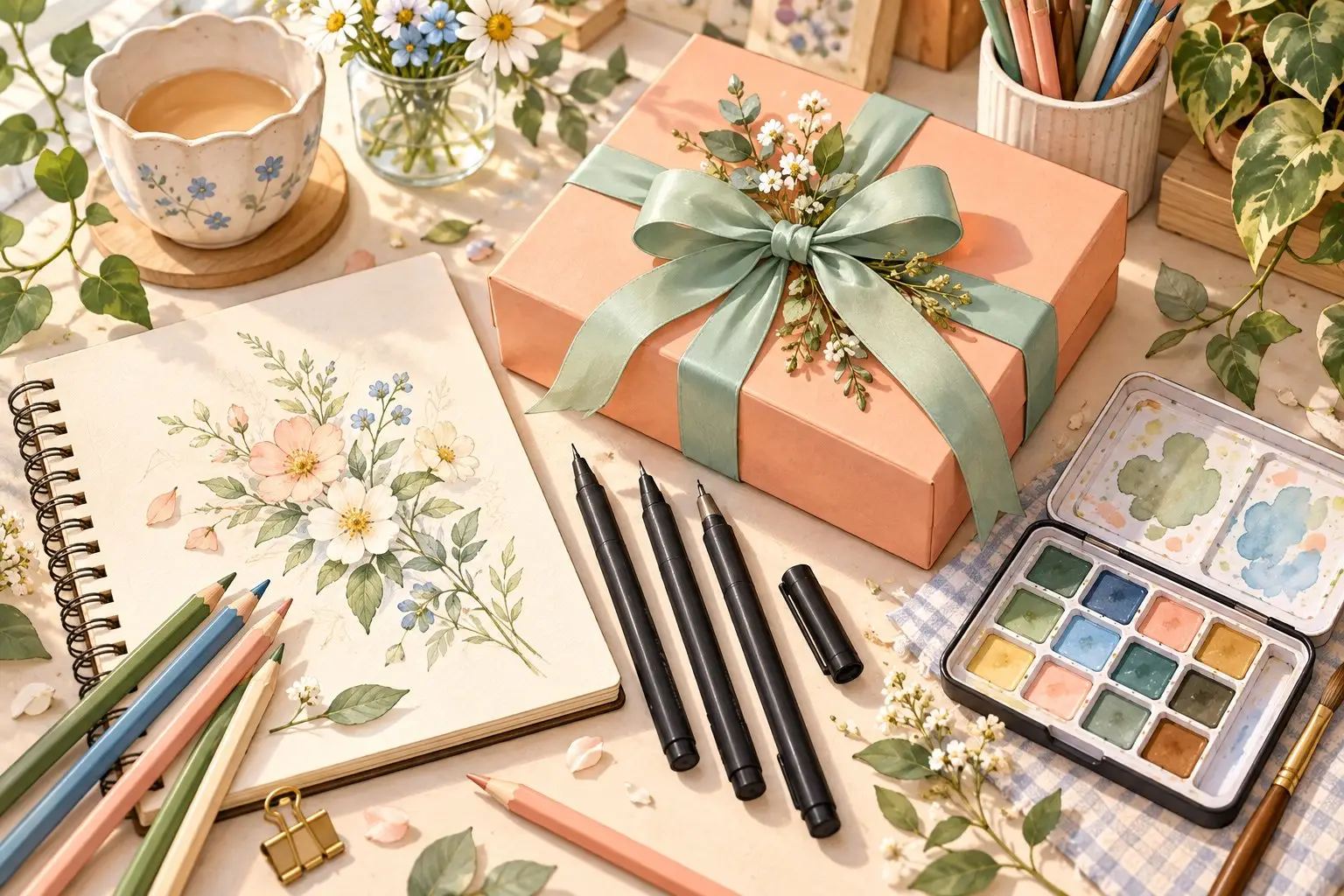 Original illustration of a peach gift box with sage ribbon beside a floral sketchbook, unbranded pens, colored pencils and a watercolor palette.