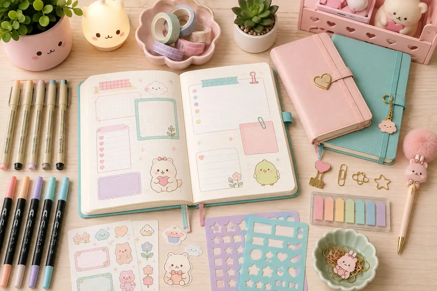 Beginner journaling kit with dotted notebooks, fineliner pens, washi tape, stickers, stencils and pastel stationery arranged on a bright desk.