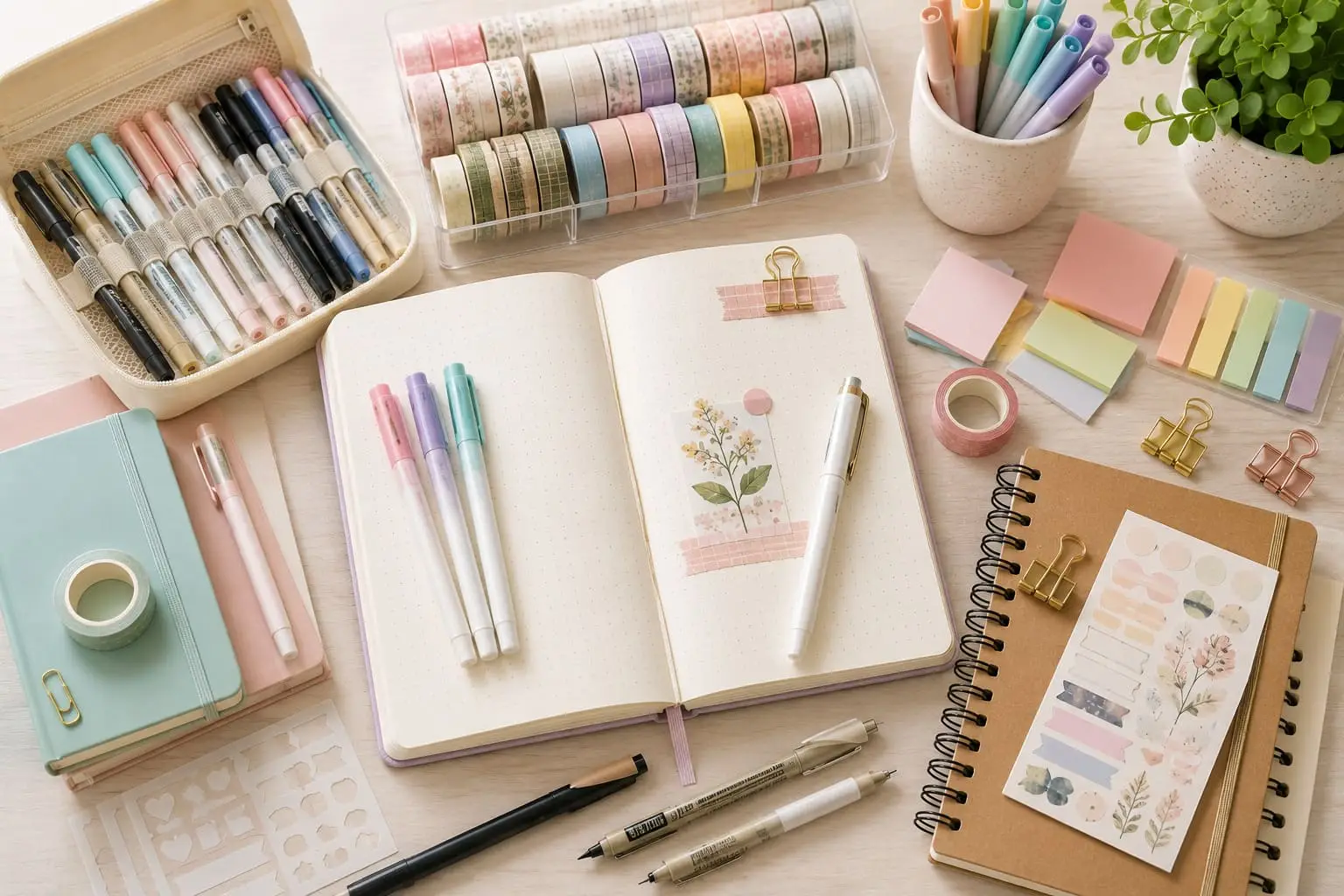 Beginner journaling supplies with dotted notebooks, fineliner pens, washi tape, sticky notes, stickers and stencils arranged on a bright pastel desk.