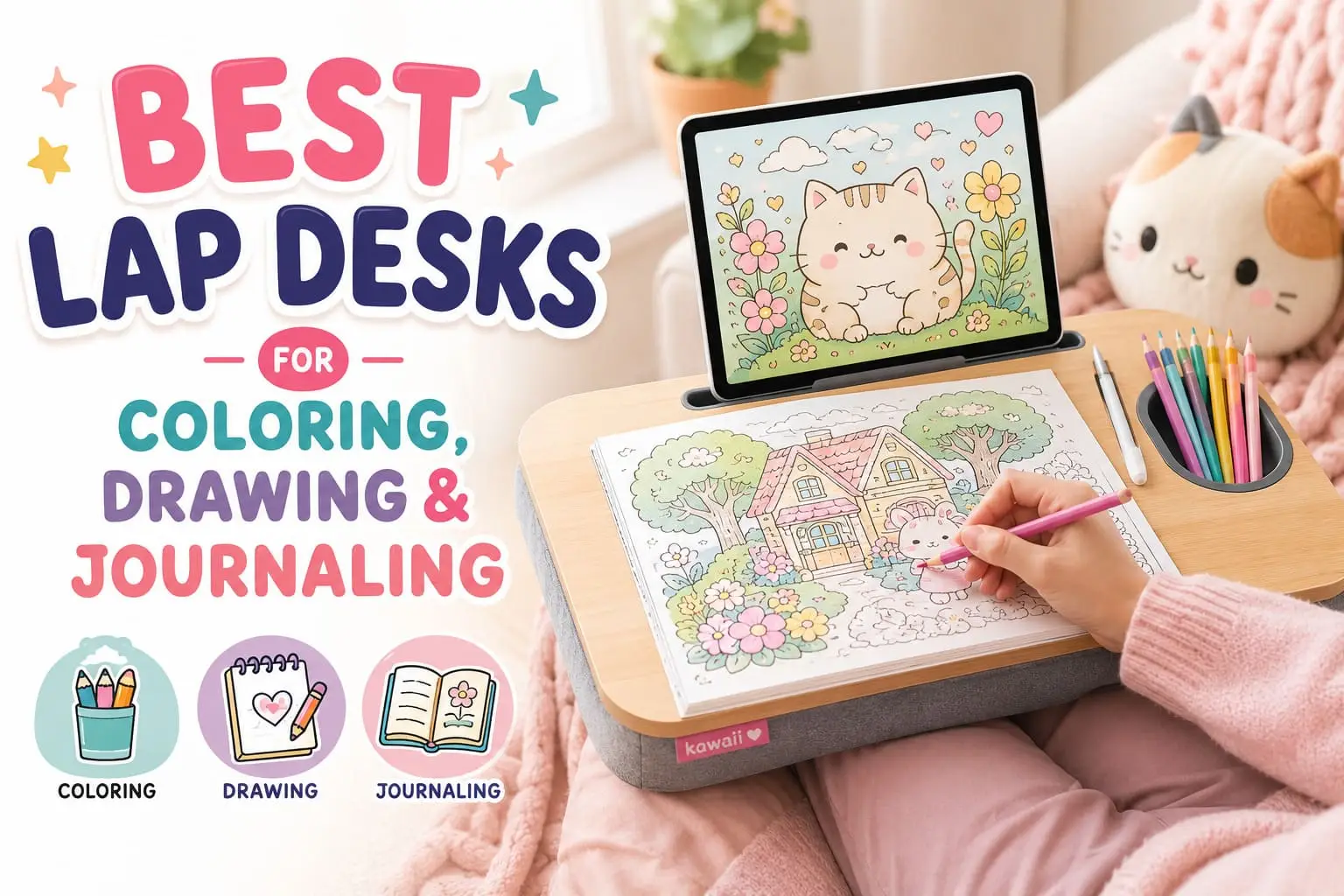 Best lap desks for coloring, drawing and journaling, featuring a cushioned bamboo lap desk with a tablet, coloring book and colored pencils.