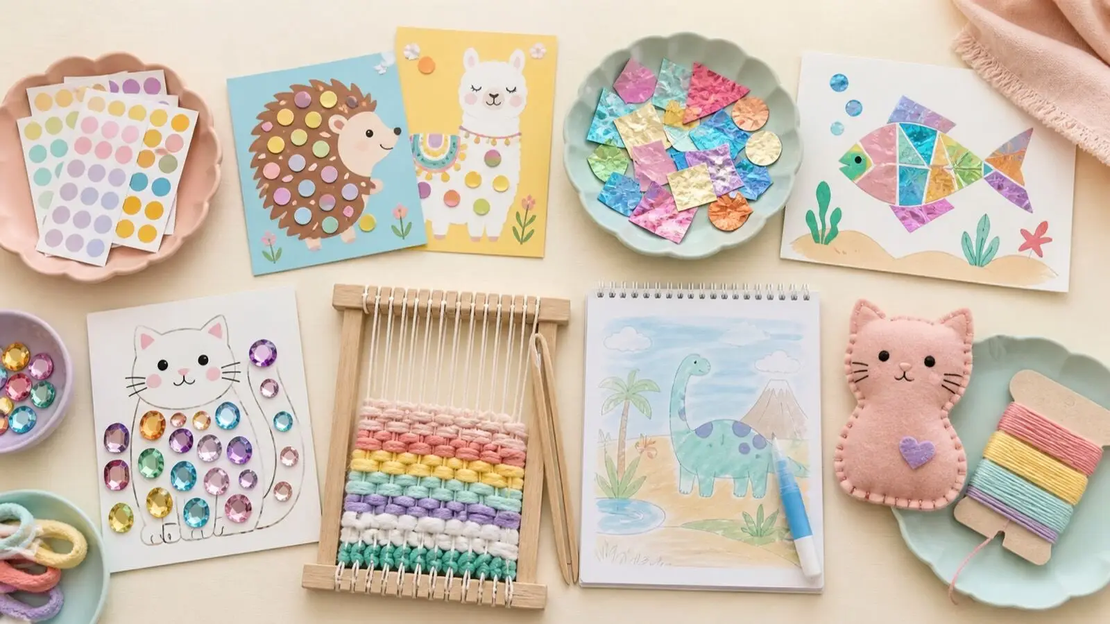 Neatly arranged low-mess children's crafts including sticker art, foil collage, gem art, weaving, water reveal and felt sewing
