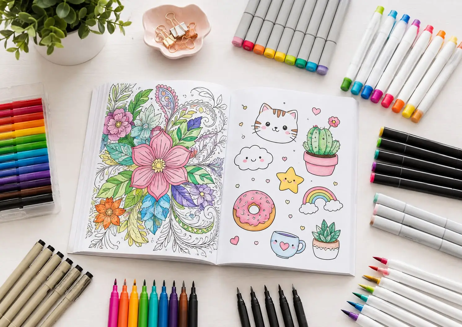 Open coloring book with floral and kawaii drawings, surrounded by marker sets and fineliners on a white desk