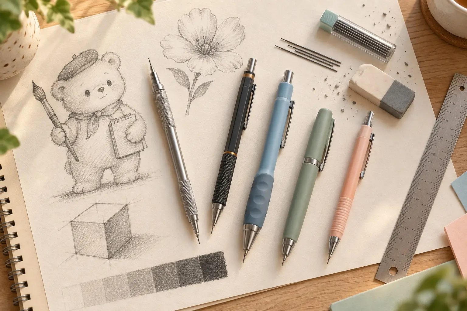 Generic mechanical pencils beside an original graphite bear sketch, flower study, shaded cube, value scale, ruler, eraser and lead refills on a warm art desk