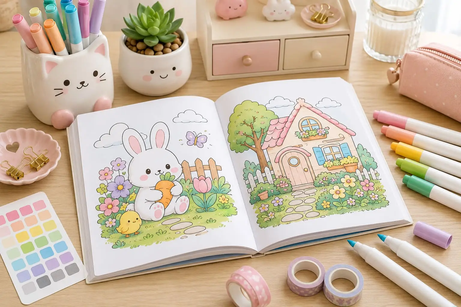 No-bleed markers arranged around a kawaii coloring book featuring a bunny, cottage and floral garden, with pastel swatches and cozy desk accessories.
