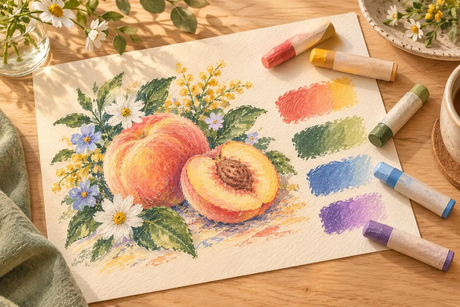 Original illustration of unbranded oil pastel sticks beside a peach-and-flower drawing and blended color swatches on cream paper.