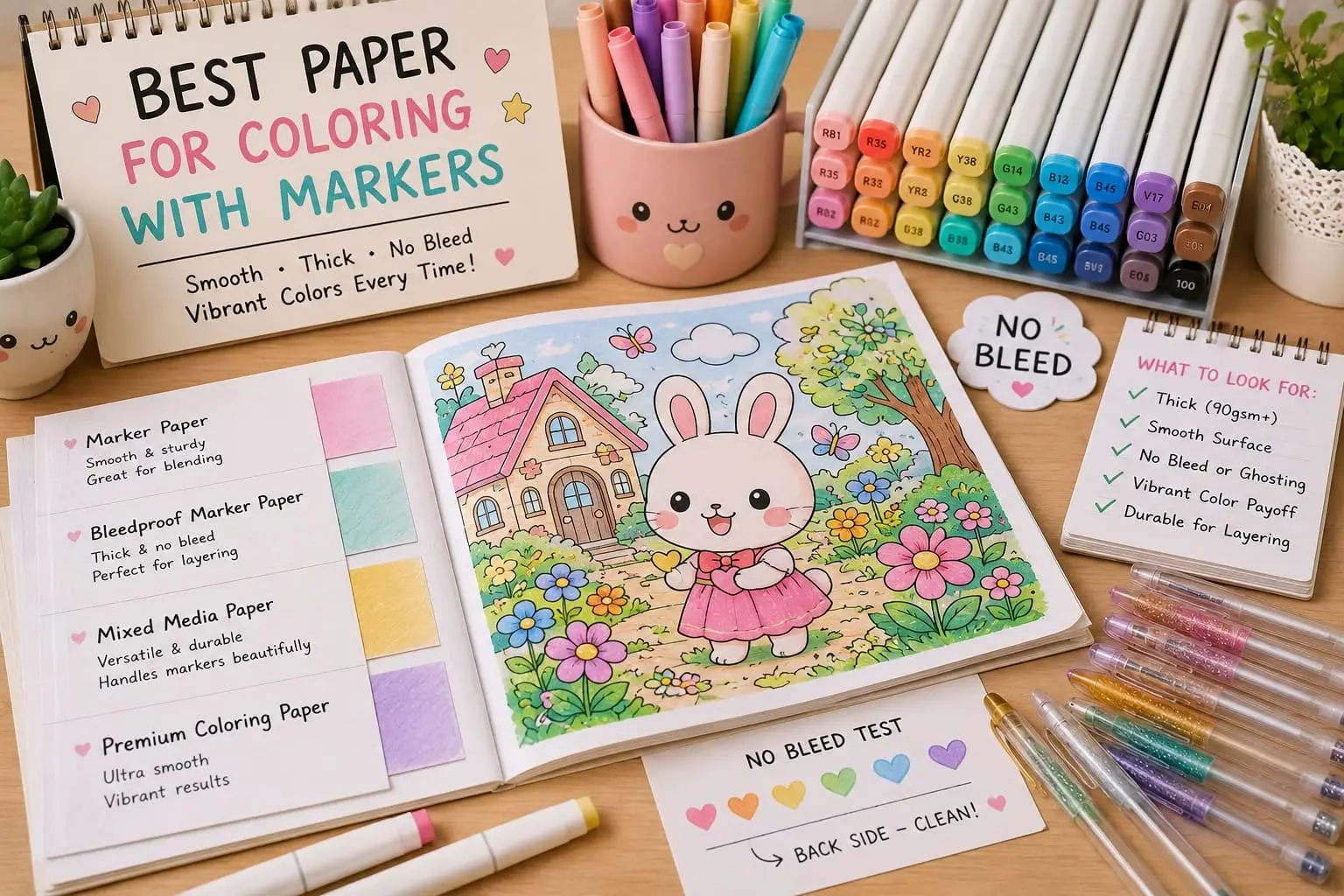 Marker-friendly coloring paper samples displayed beside a kawaii bunny coloring book, pastel markers, color swatches, and cozy desk accessories.
