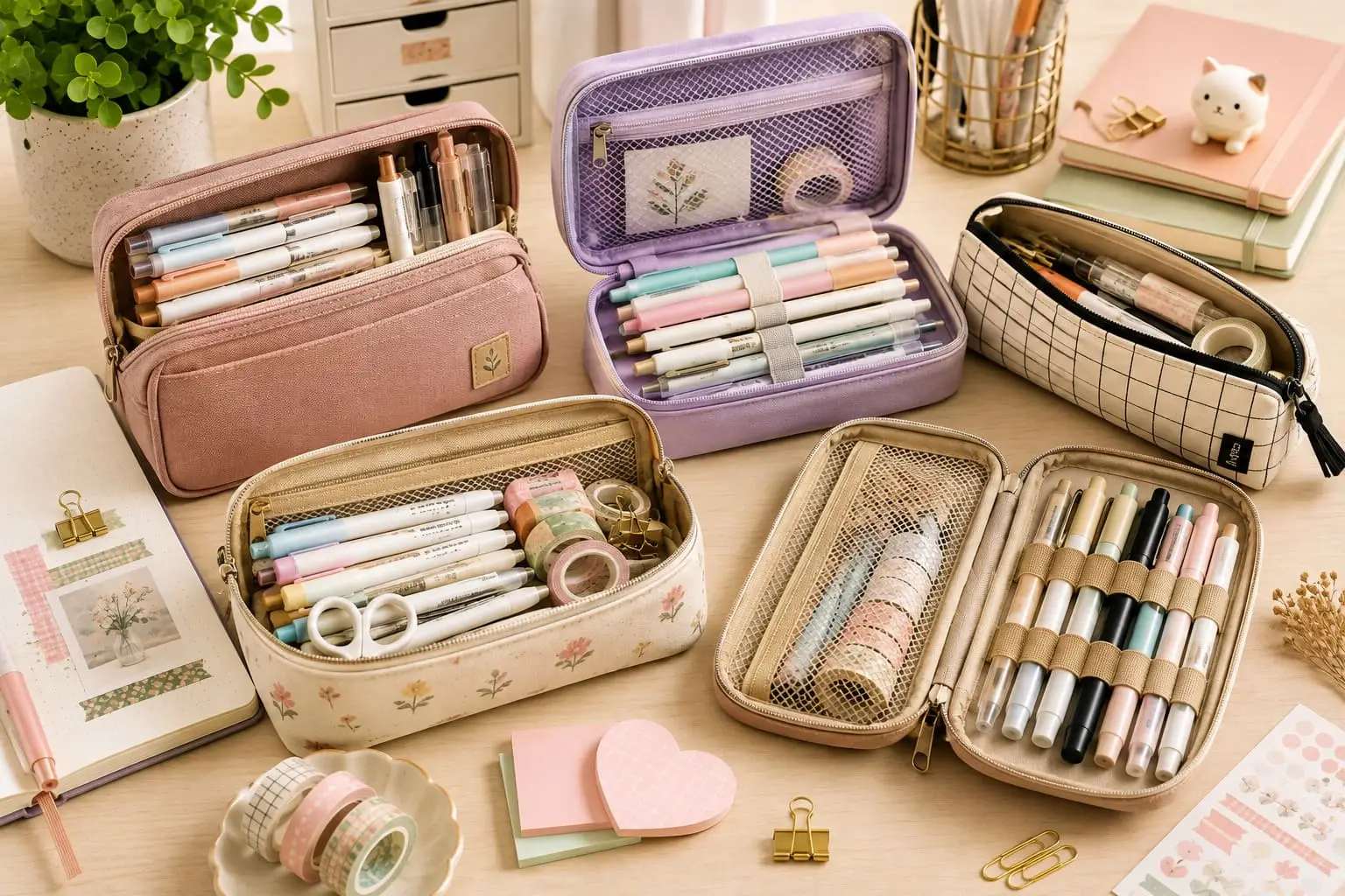 Pencil cases filled with journaling pens, markers, washi tape, scissors and stationery arranged on a bright pastel desk.