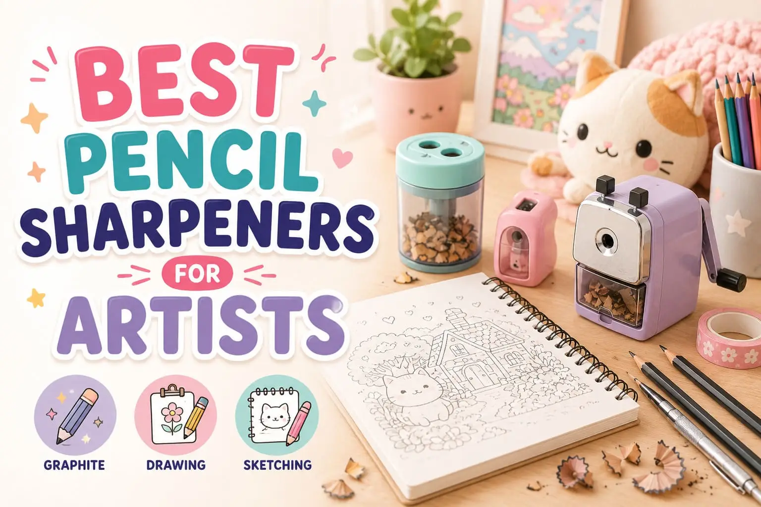 Best pencil sharpeners for artists, featuring electric, manual crank and handheld sharpeners beside graphite pencils and a sketchbook.