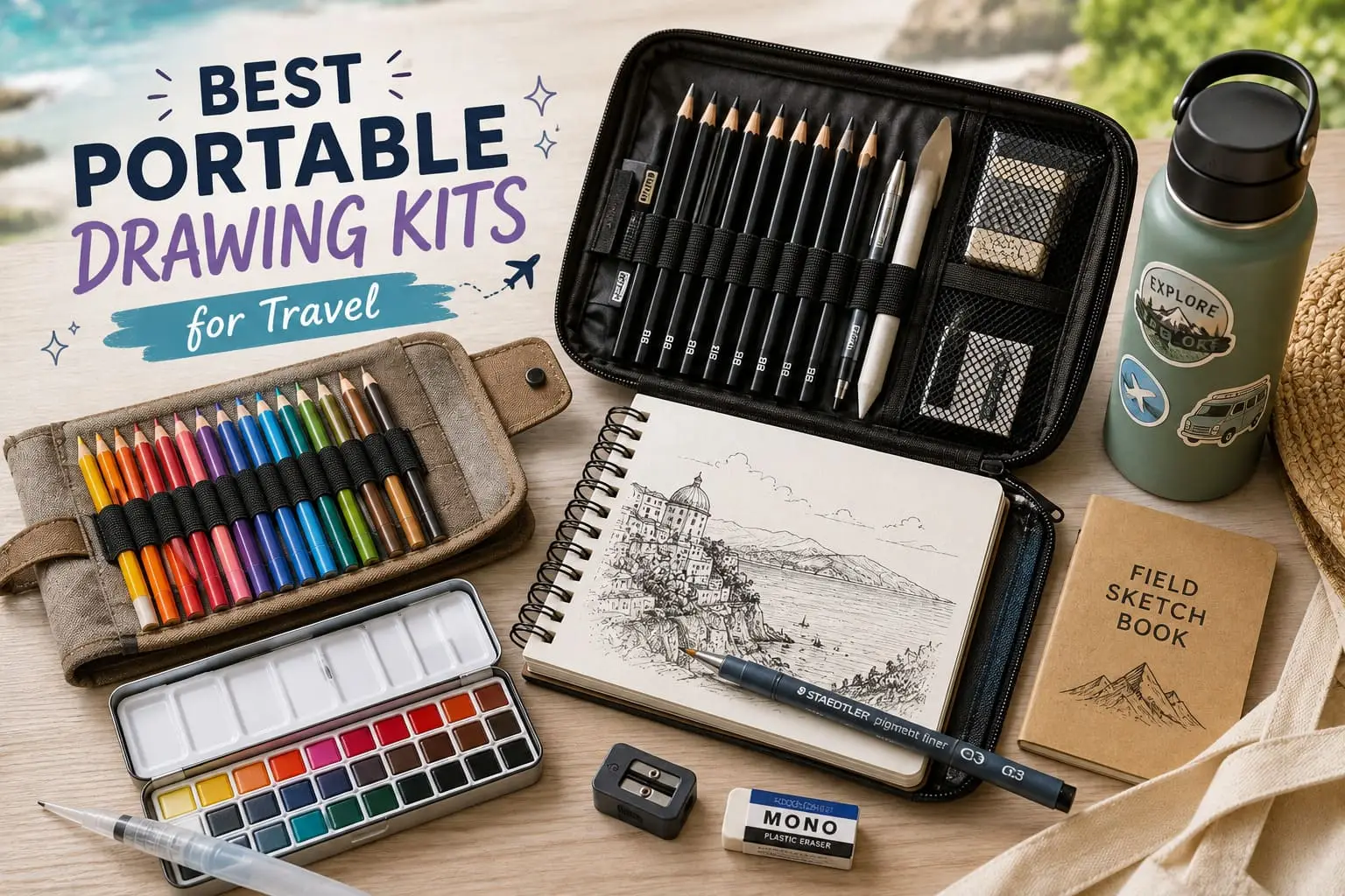 Portable drawing kit with graphite pencils, colored pencils, watercolor paints, a sketchbook and travel art accessories arranged beside a coastal view.