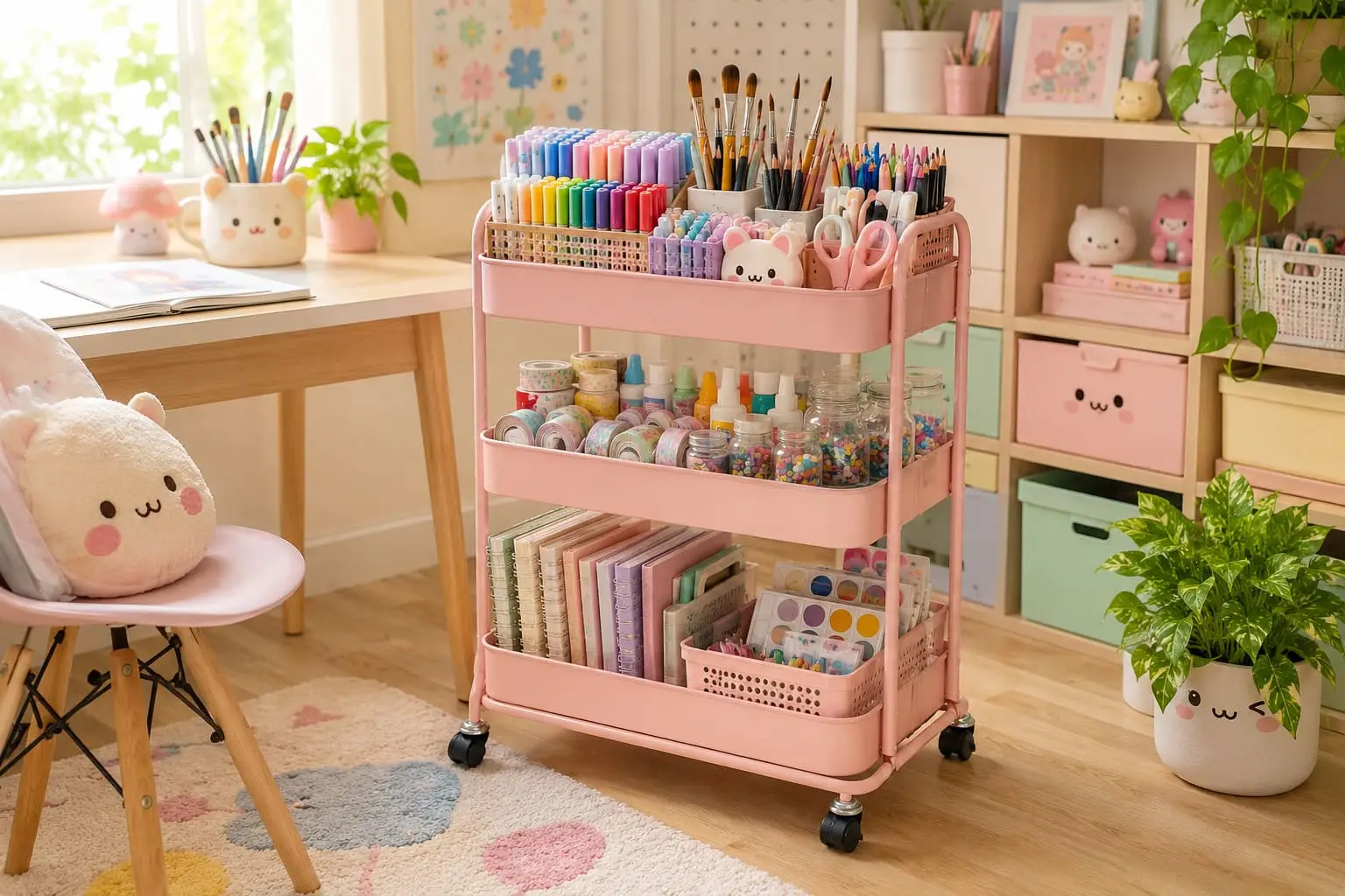 Pink rolling cart organized with markers, brushes, washi tape, paints, notebooks and craft supplies in a bright pastel art room.