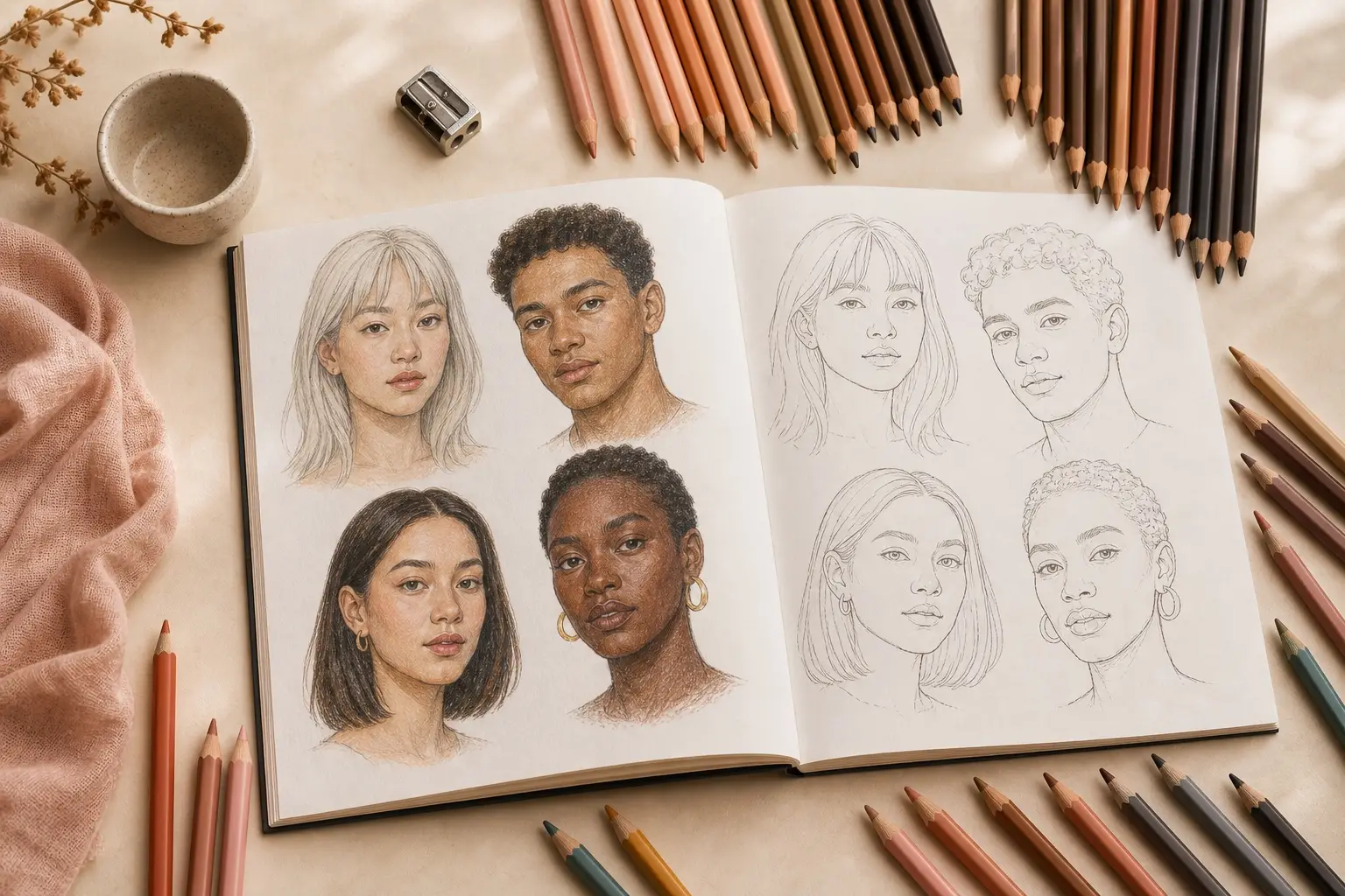 An open portrait sketchbook with four colored face studies and four line drawings surrounded by unbranded colored pencils in a broad range of portrait hues
