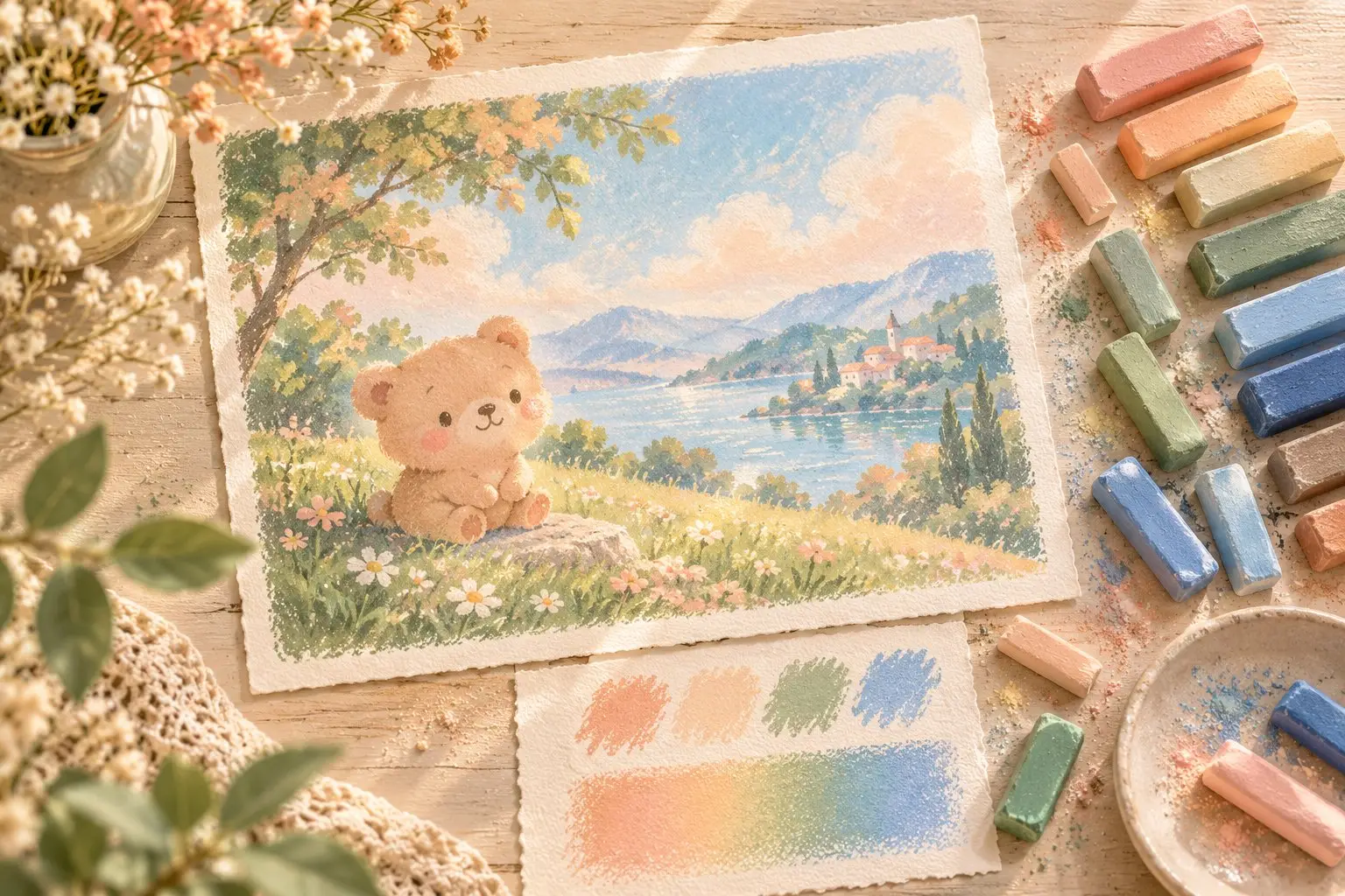 Original illustration of unbranded pastel sticks beside a kawaii bear landscape and color swatches on a warm wooden desk.