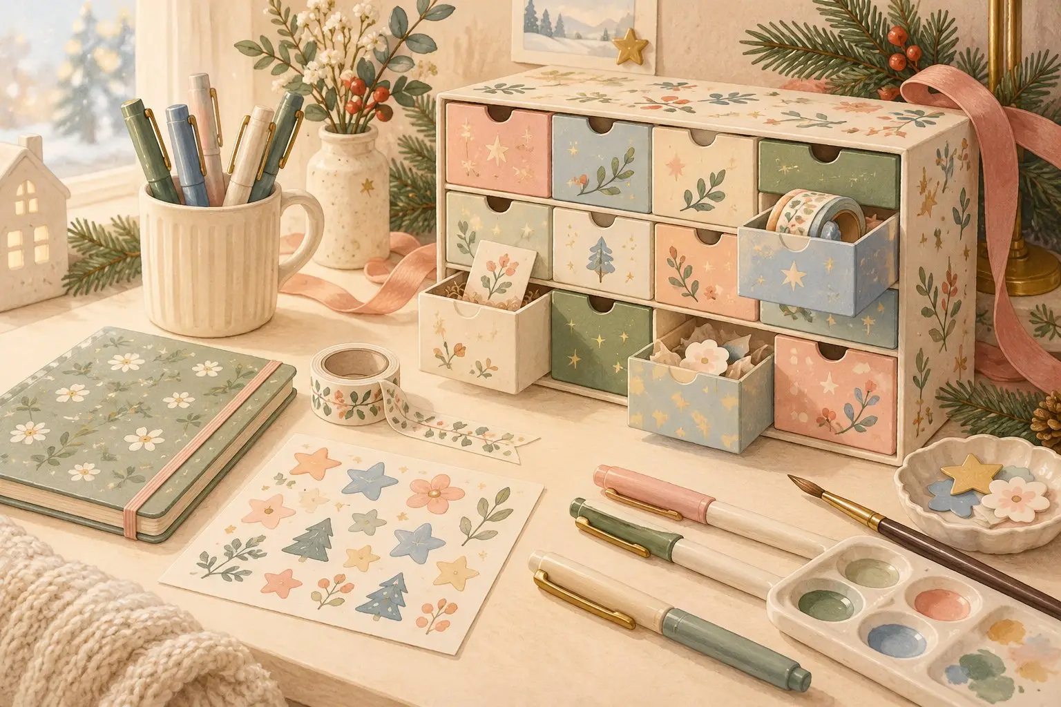 Original illustration of pastel advent drawers on a cozy desk with a notebook, flower stickers, washi tape, pens and a paint palette.