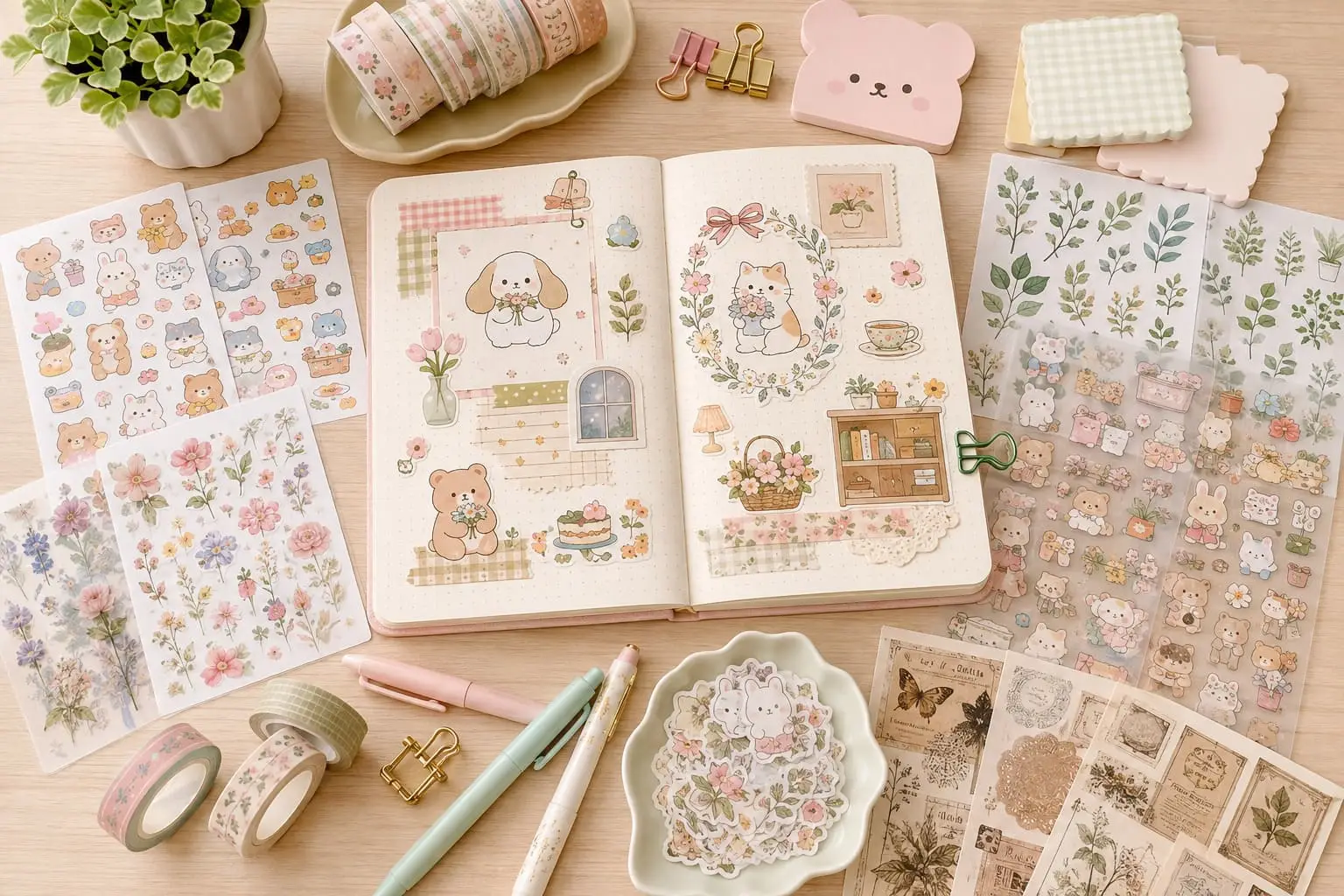 Kawaii journaling stickers with cute animals, flowers and botanical designs arranged around a decorated journal with washi tape and pens.