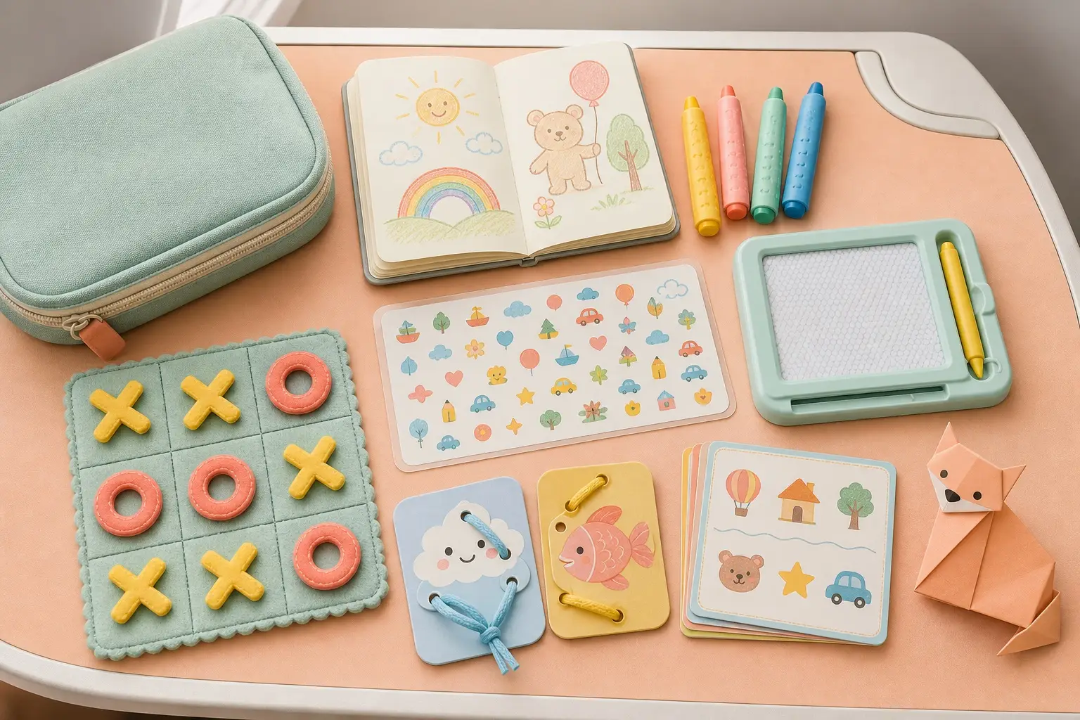 Compact screen-free travel activities including a sketchbook, chunky crayons, doodle tablet, seek-and-find card, felt game, lacing cards, story cards and folded paper fox on a tray