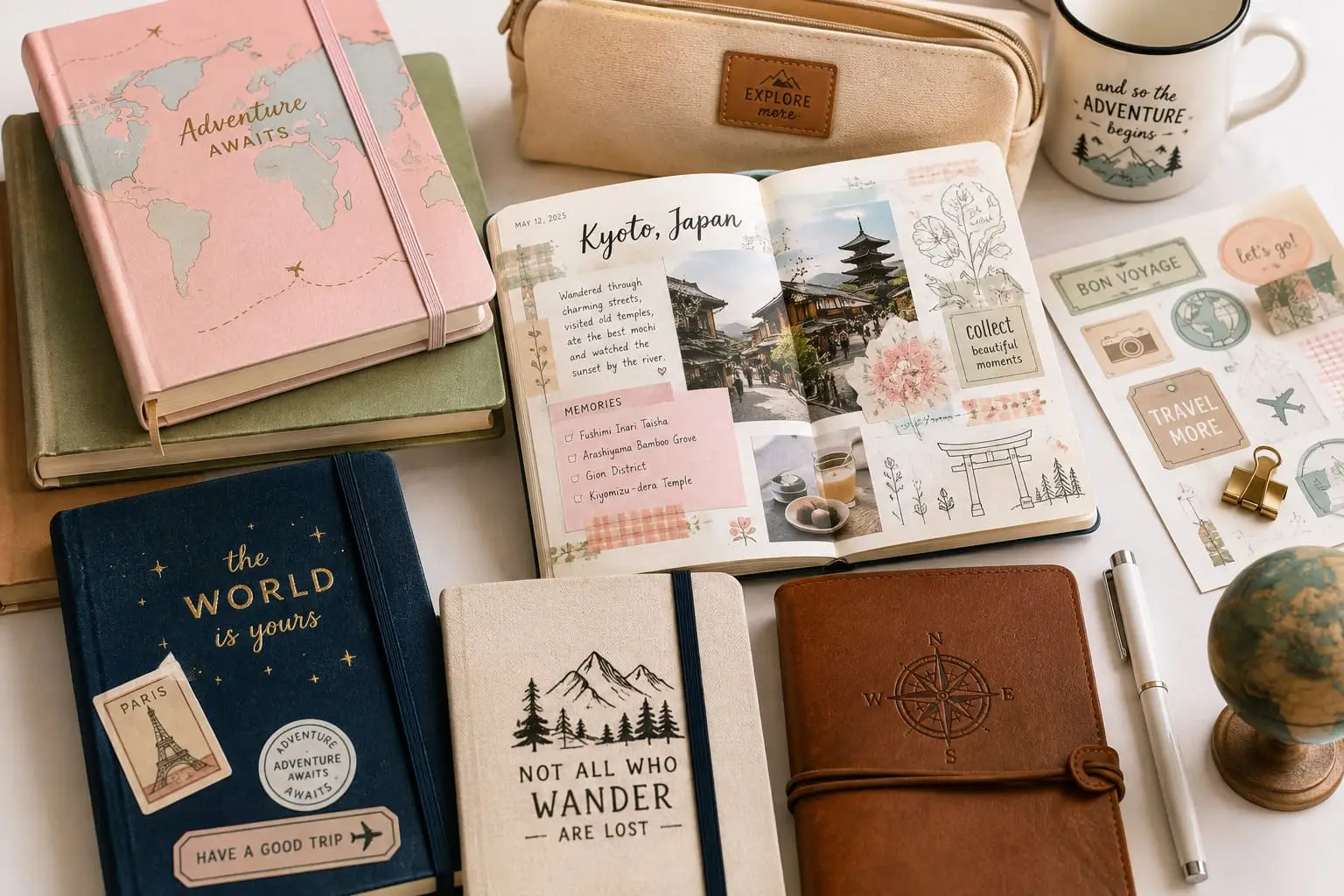 Travel journals with a decorated Kyoto memory spread, photos, stickers, maps, pens and travel-themed notebooks arranged on a bright desk.