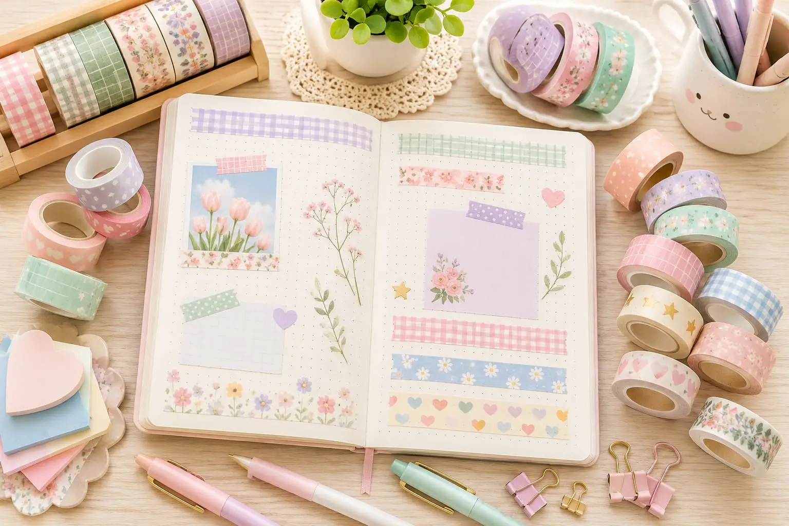 Pastel washi tape rolls with floral, gingham, heart and star patterns arranged around a decorated journal on a bright stationery desk.